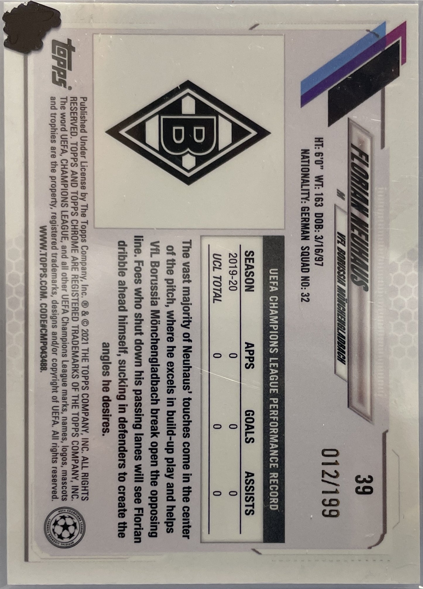 Florian Neuhaus 12/199 Aqua Topps Chrome UCL 2020/21