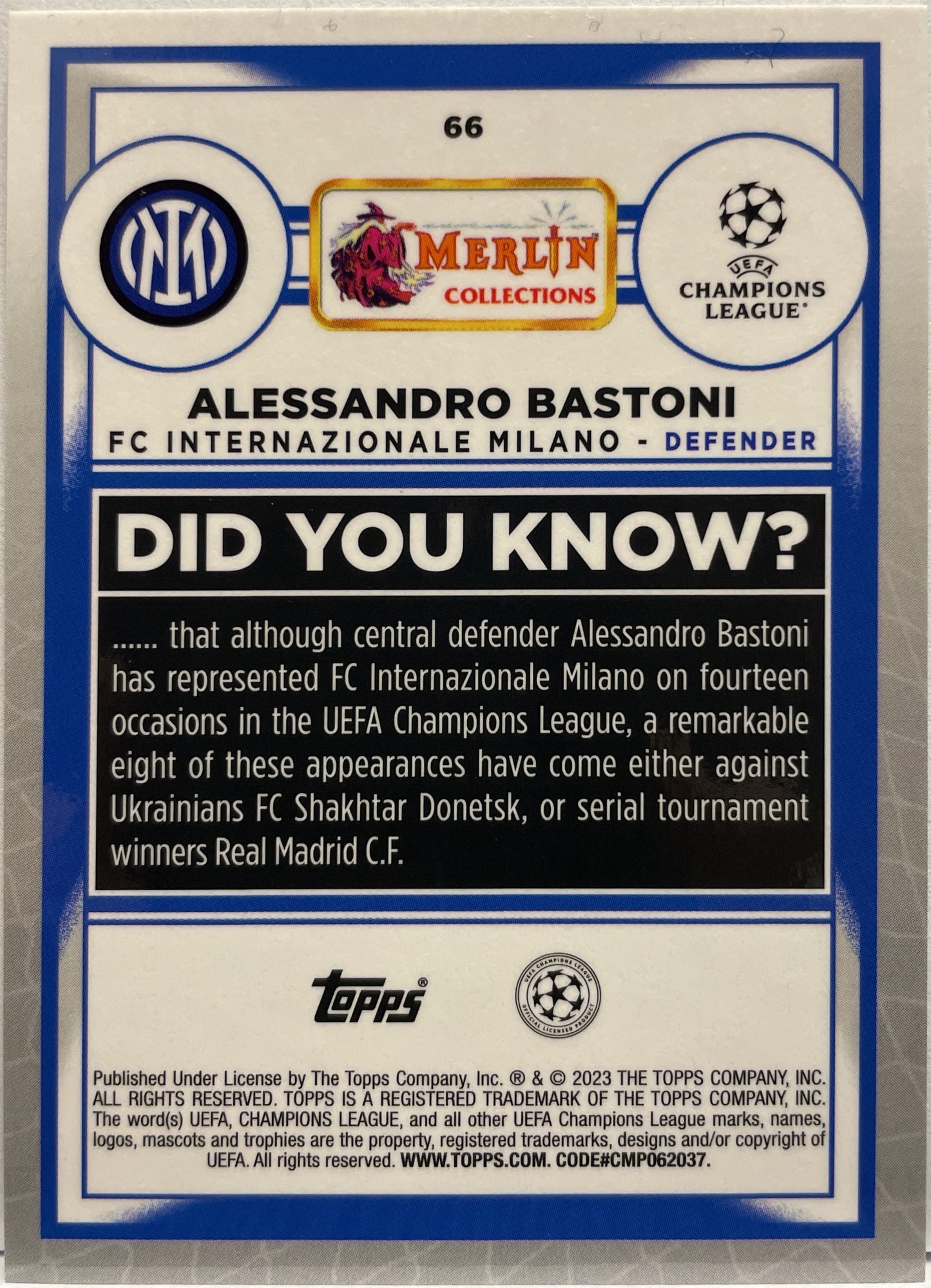 Alessandro Bastoni 336/399 Green Shimmer Topps Chrome Merlin 2022/23