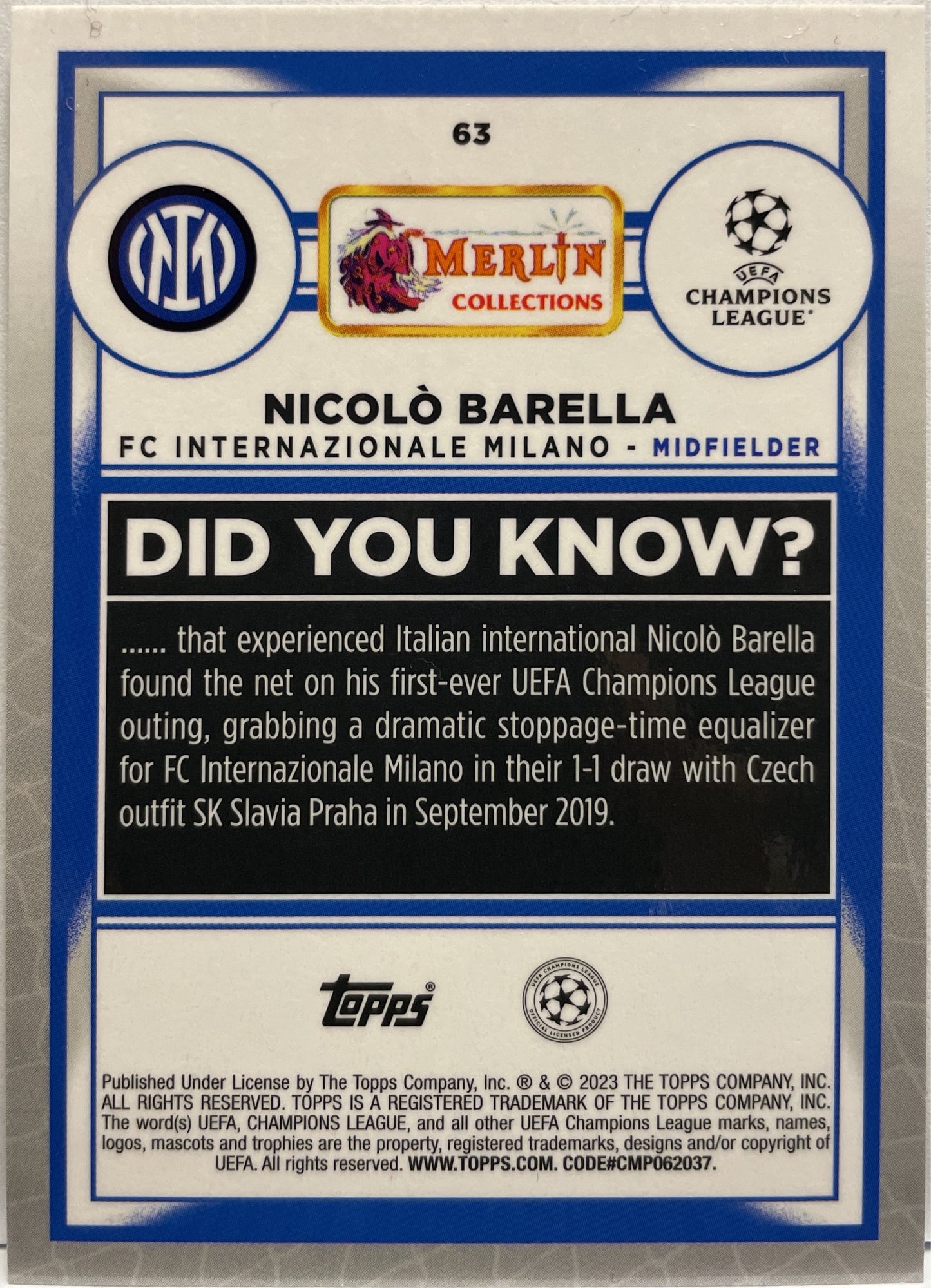 Nicolo Barella 142/199 Aqua Topps Chrome Merlin 2022/23