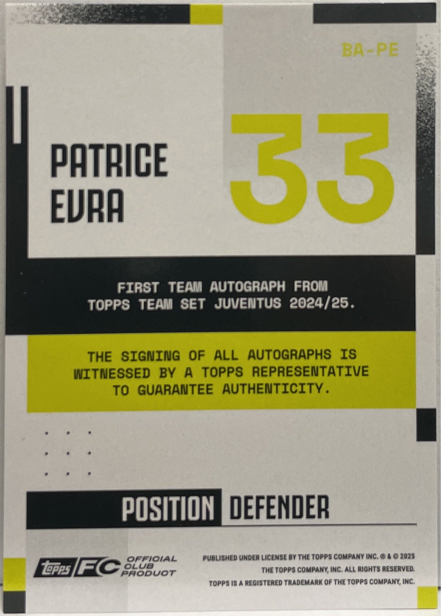 Patrice Evra 212/250 Autograph Gold Topps Juventus Premium Team Set 2024/25