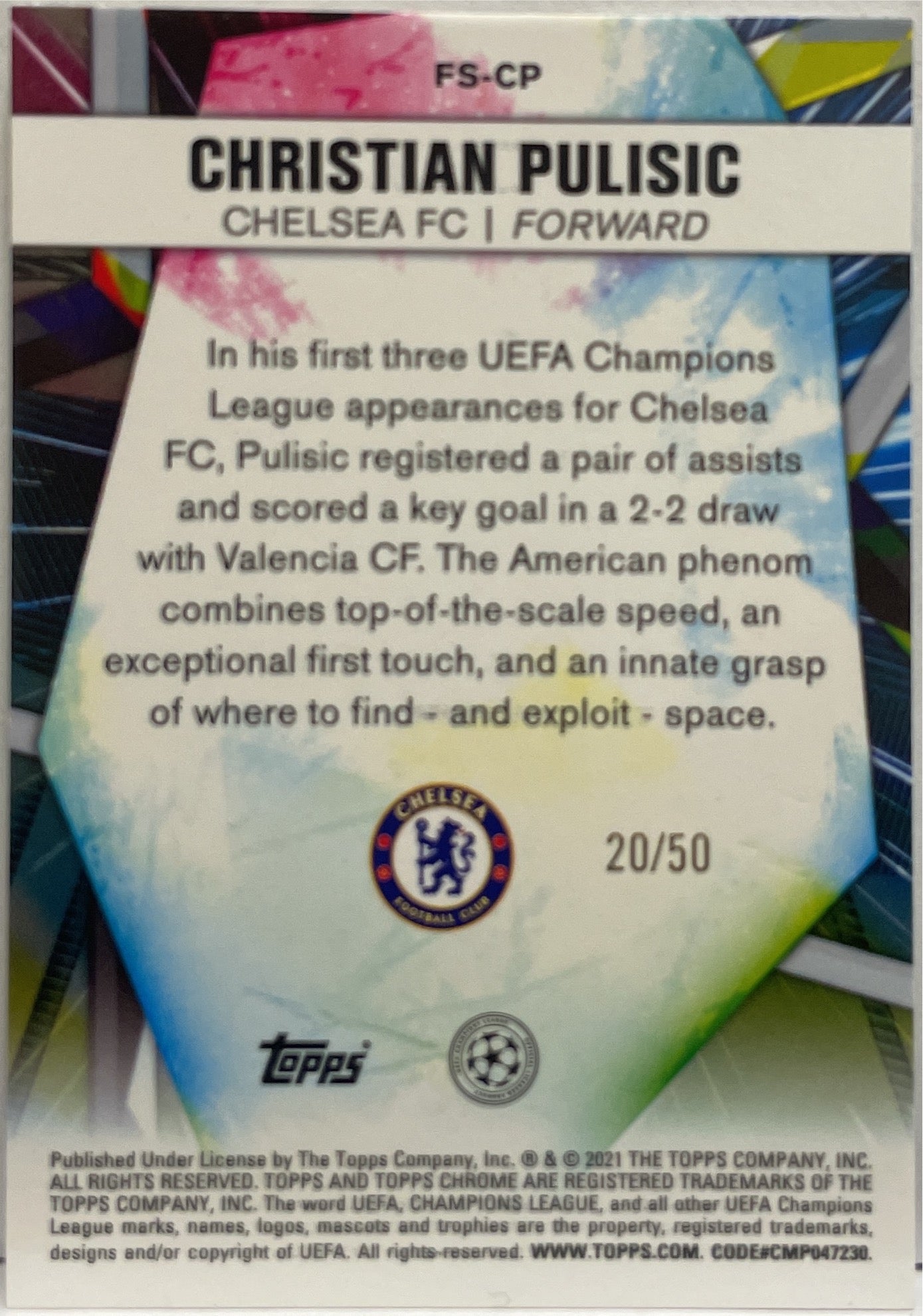 Christian Pulisic 20/50 Future Stars Cracked Ice Orange Topps Chrome UCL 2020/21