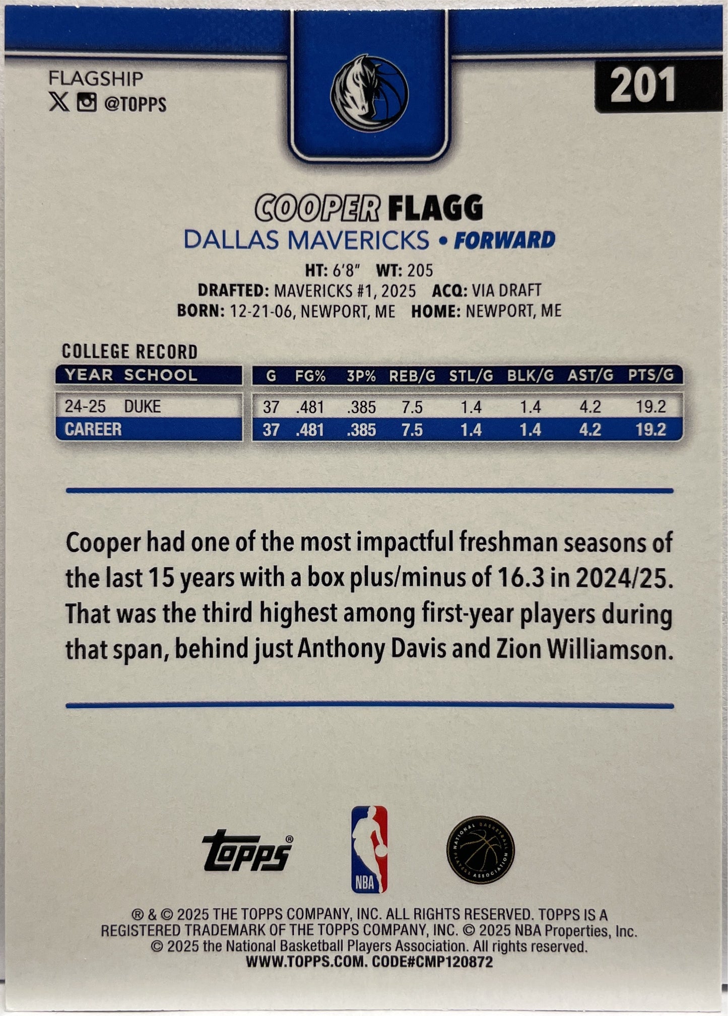 Cooper Flag Rookie Topps Nba Basketball 2025/26