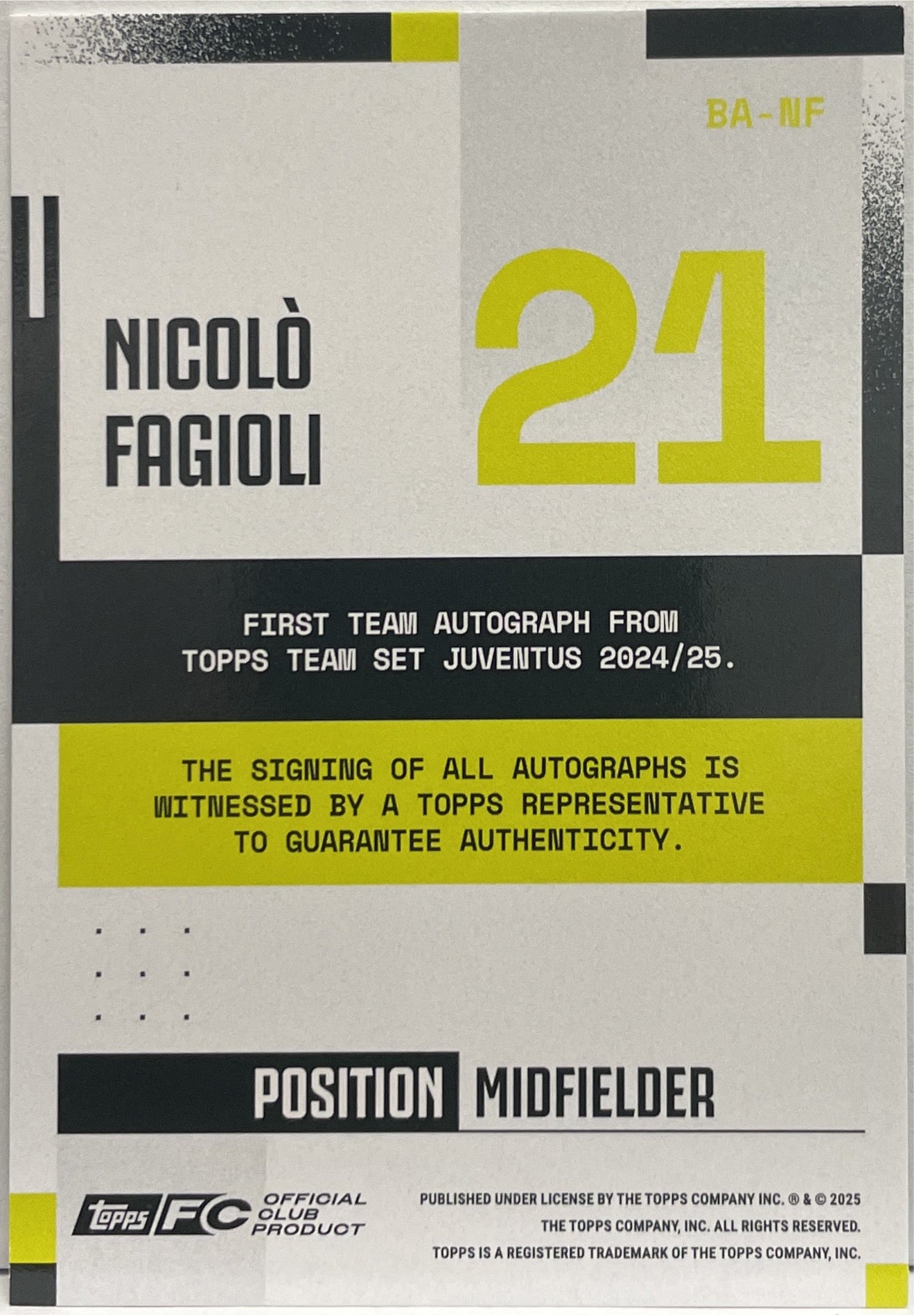 Nicolo Fagioli 190/250 Autograph Blue Topps Juventus Premium Team Set 2024/25