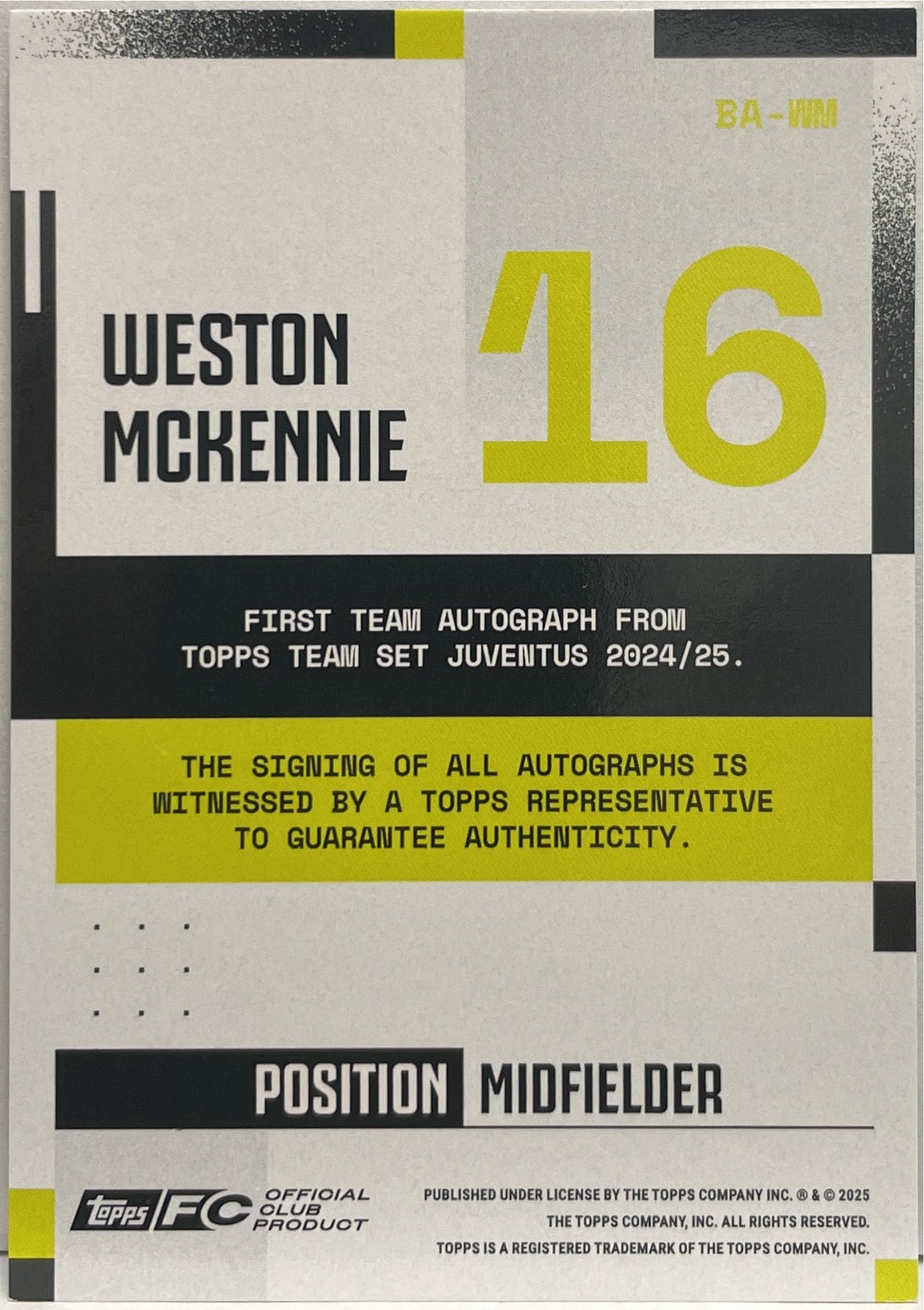 Weston McKennie 38/250 Autograph Blue Topps Juventus Premium Team Set 2024/25