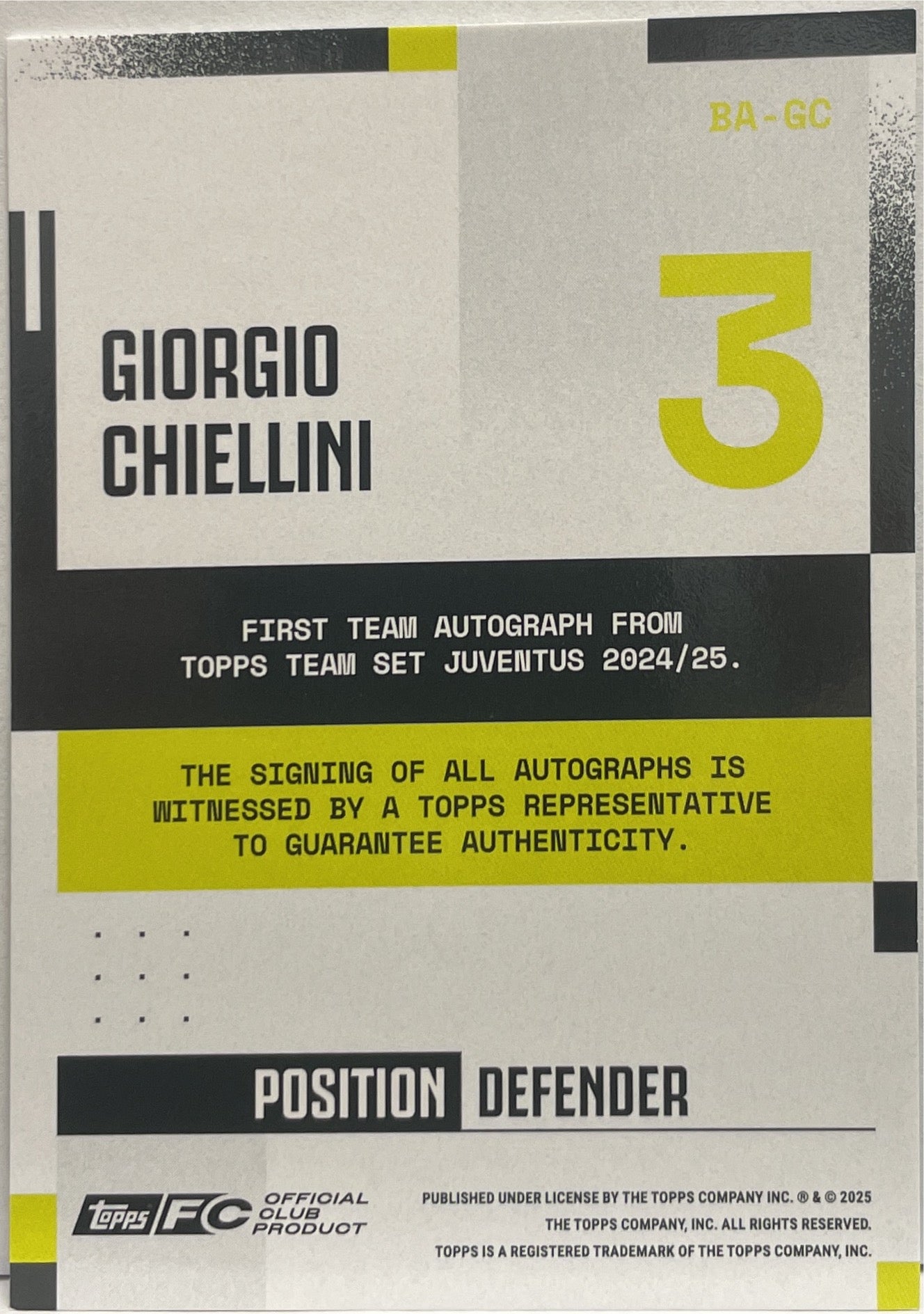 Giorgio Chiellini 164/250 Autograph Blue Topps Juventus Premium Team Set 2024/25