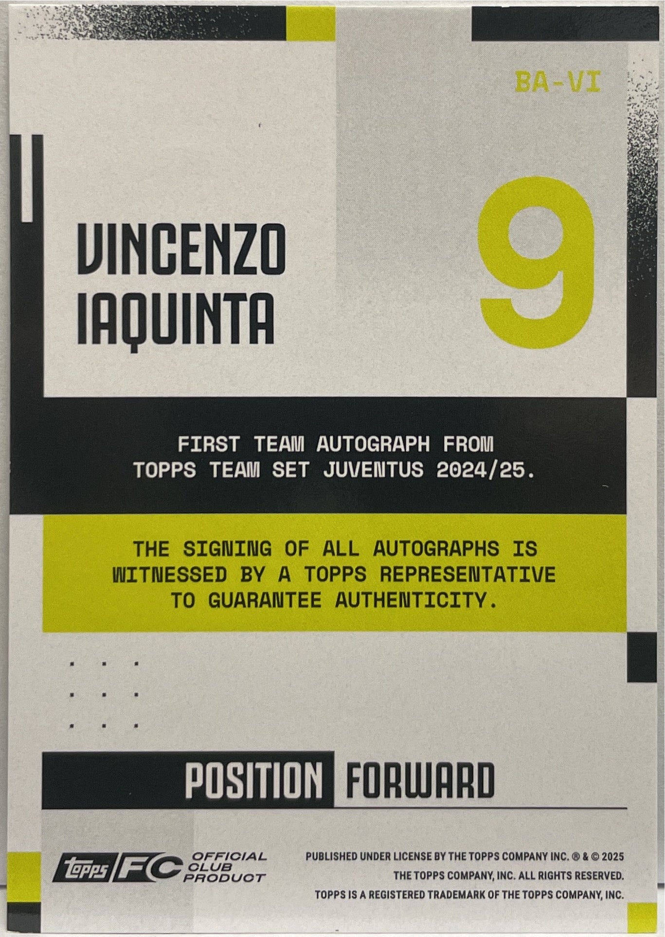 Vincenzo Iaquinta 219/250 Autograph Blue Topps Juventus Premium Team Set 2024/25