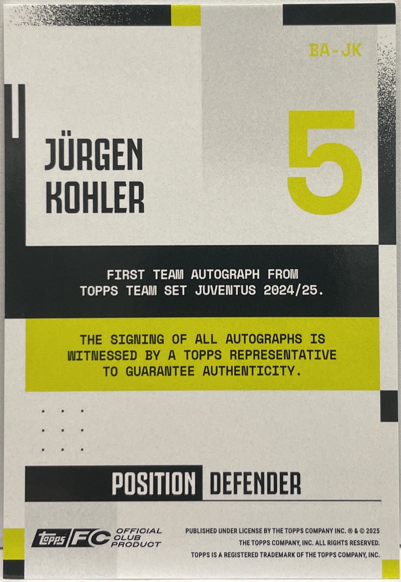 Jurgen Kohler 212/250 Autograph Blue Topps Juventus Premium Team Set 2024/25