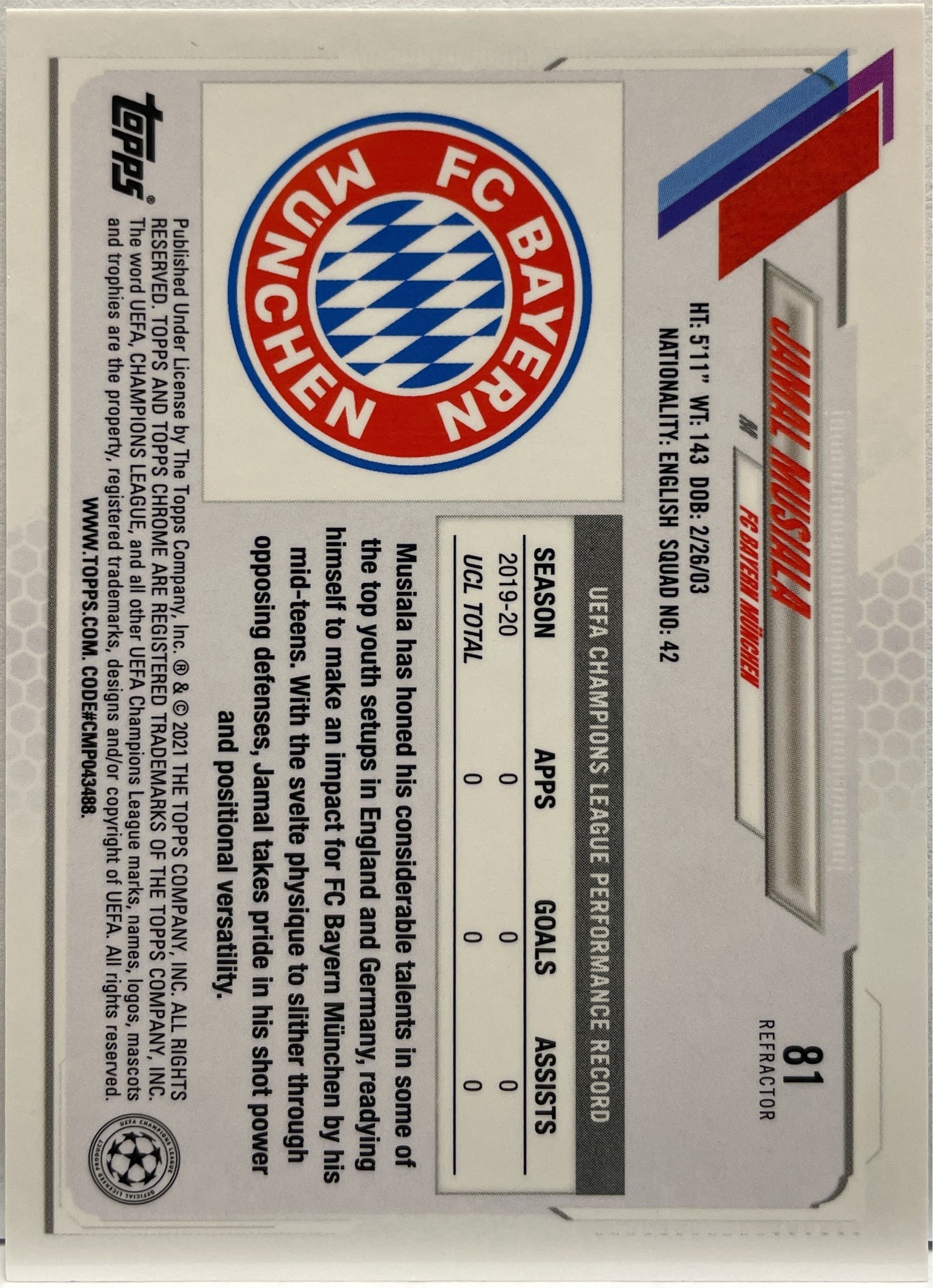 Jamal Musiala Rookie Refractor Topps Chrome UCL 2020/21