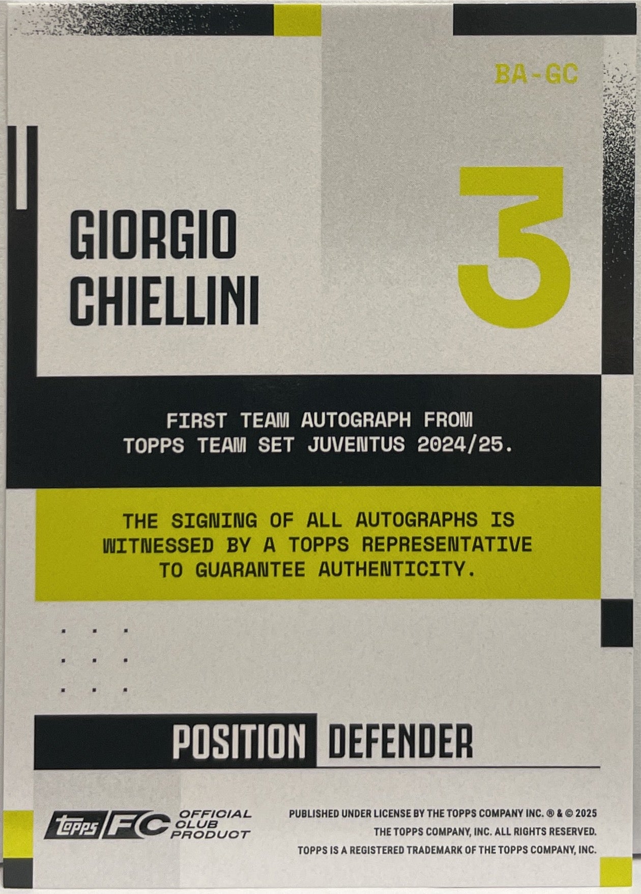 Giorgio Chiellini 109/250 Autograph Blue Topps Juventus Premium Team Set 2024/25