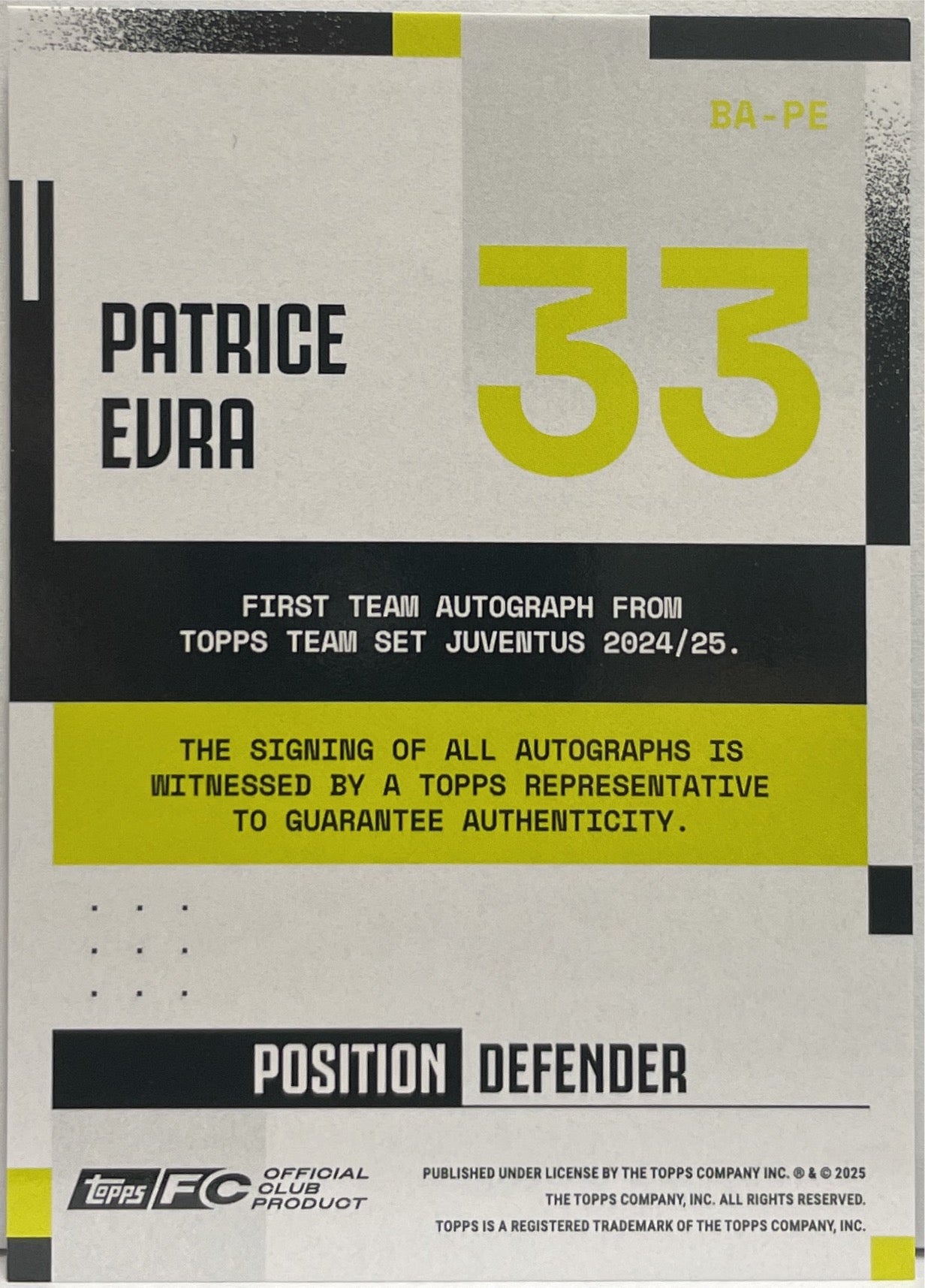 Patrice Evra 138/250 Autograph Gold Topps Juventus Premium Team Set 2024/25