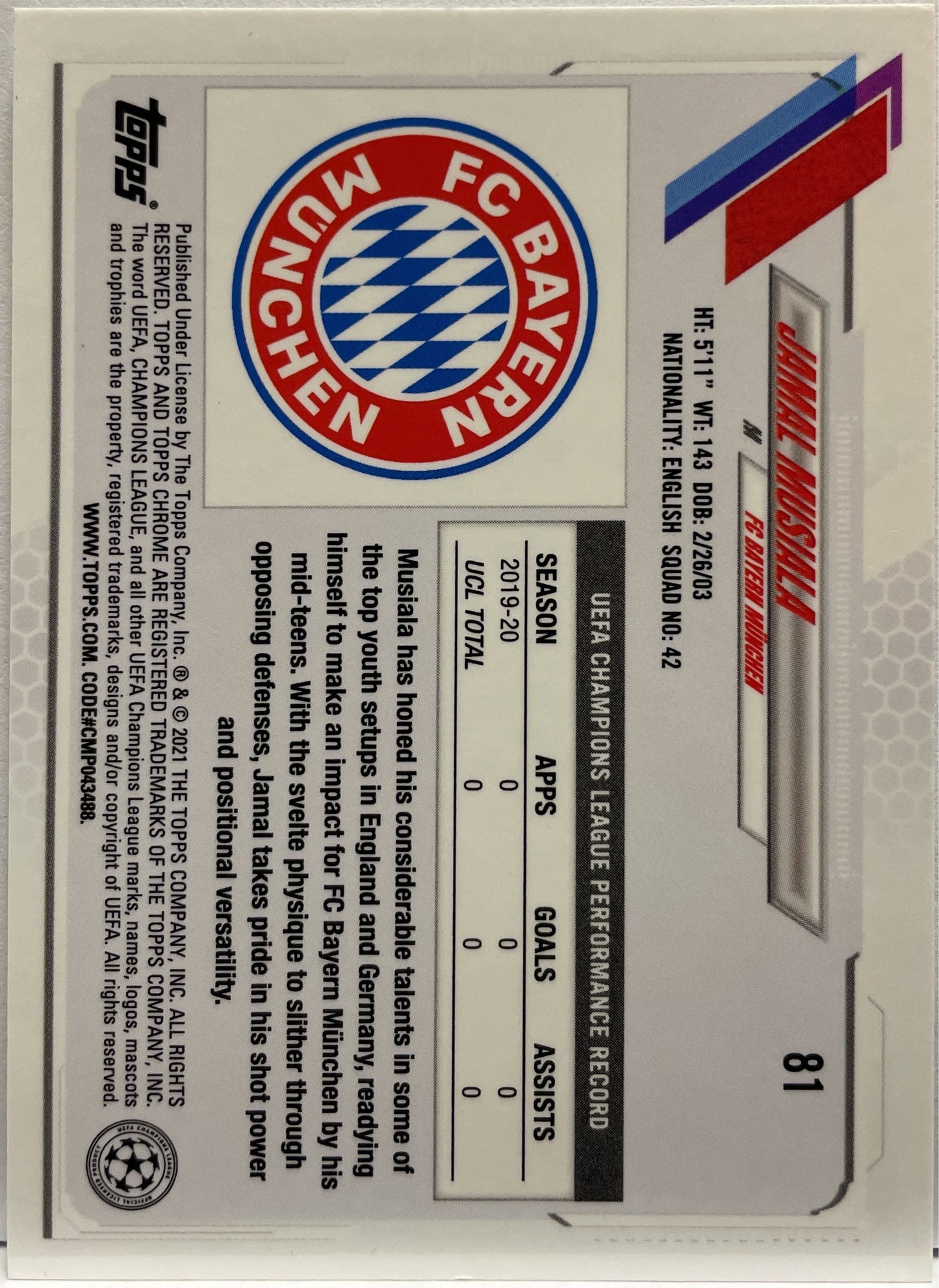 Jamal Musiala Rookie Speckle Refractor Topps Chrome UCL 2020/21