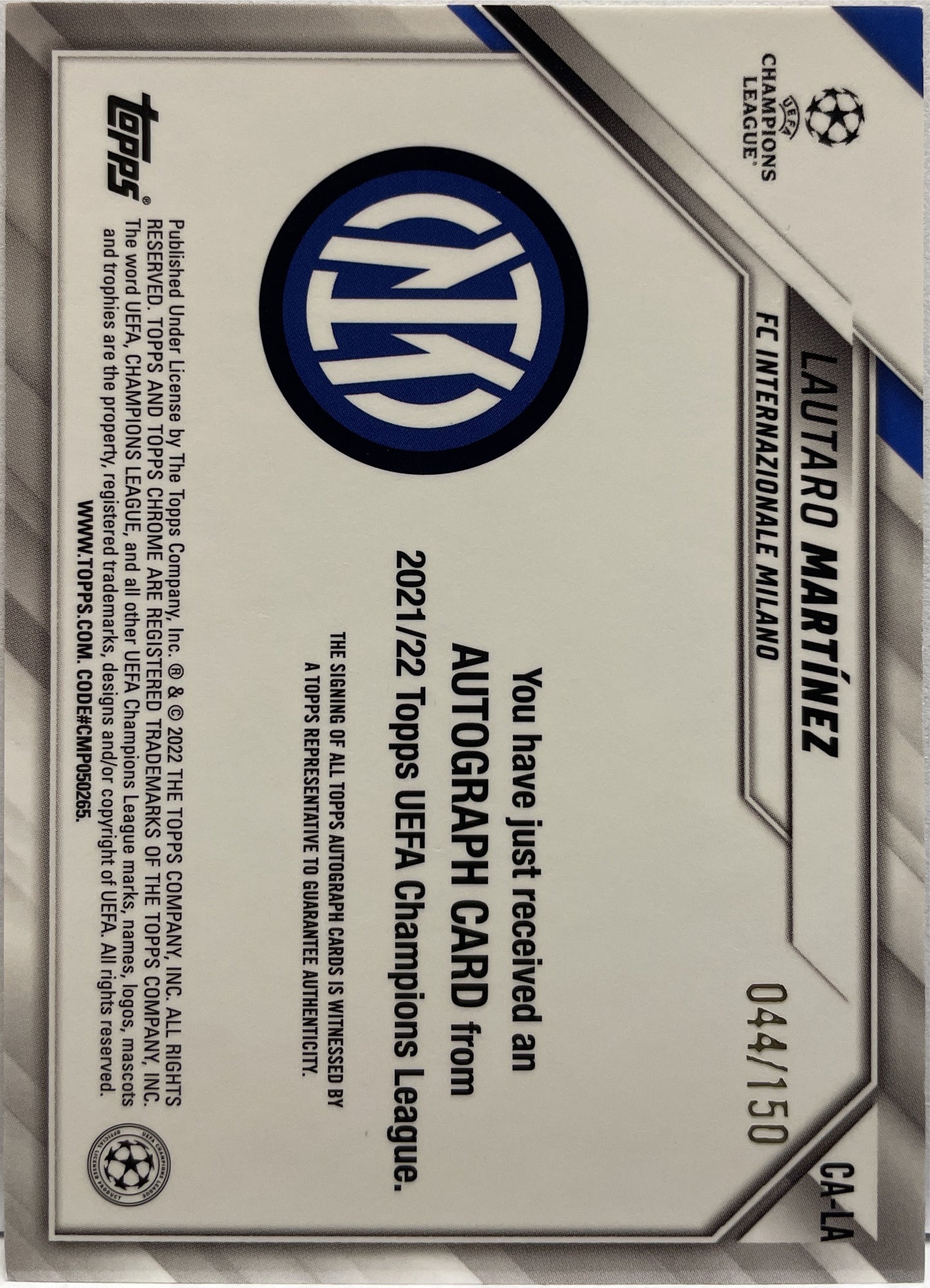 Lautaro Martinez 44/150 Autograph Blue Topps Finest UCL 2021/22