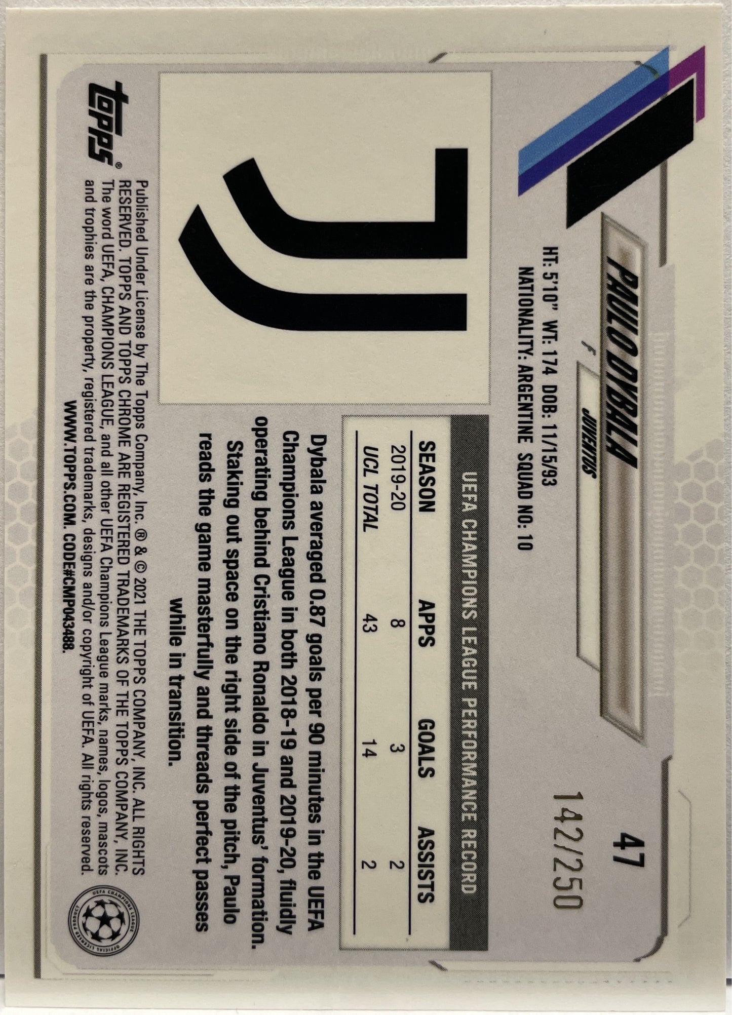Paulo Dybala 142/250 purple Mini Diamond Topps Chrome UCL 2020/21