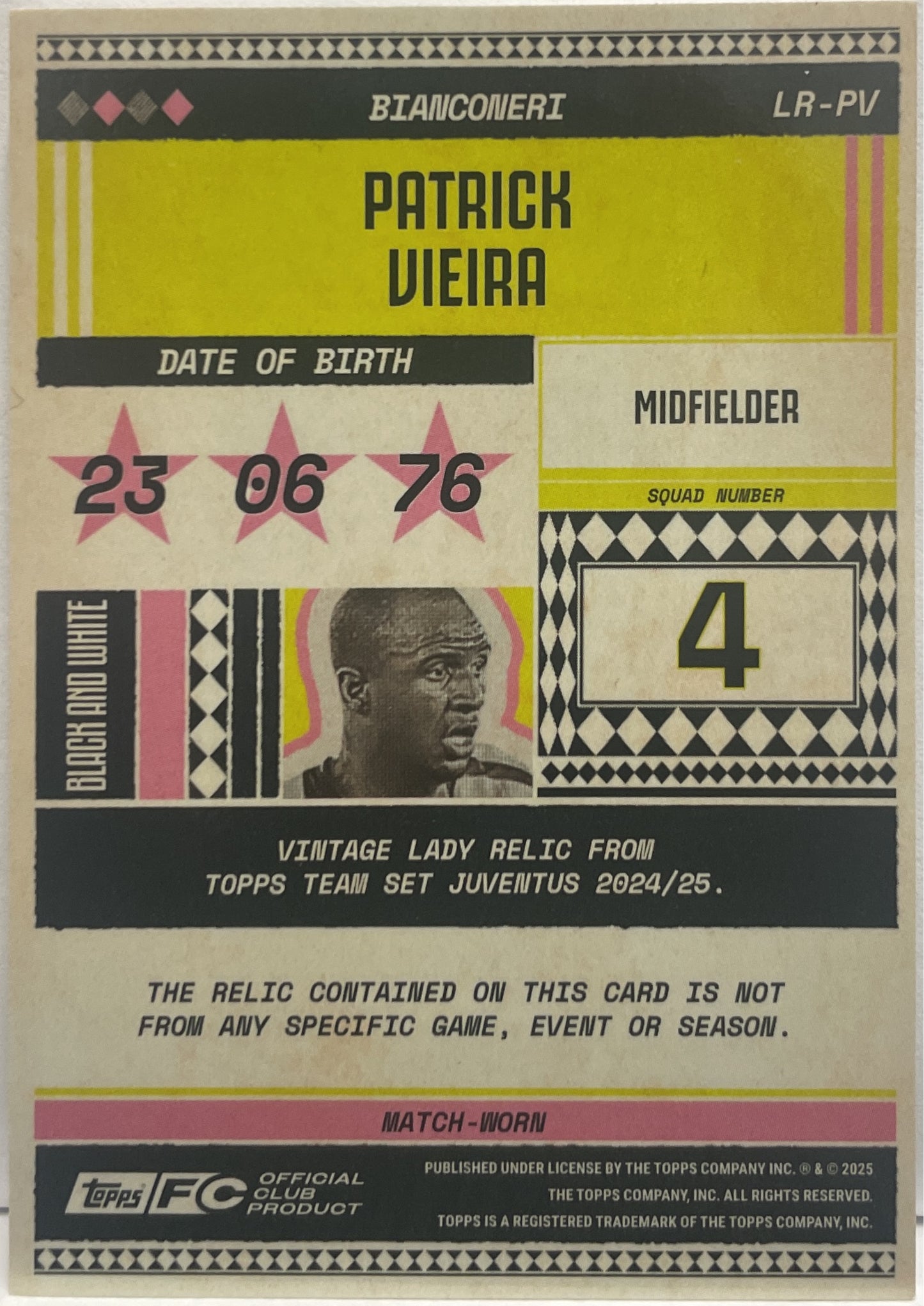 Patrick Vieira 12/99 Patch Vintage Lady Relic Pink Topps Juventus Premium Team Set 2024/25