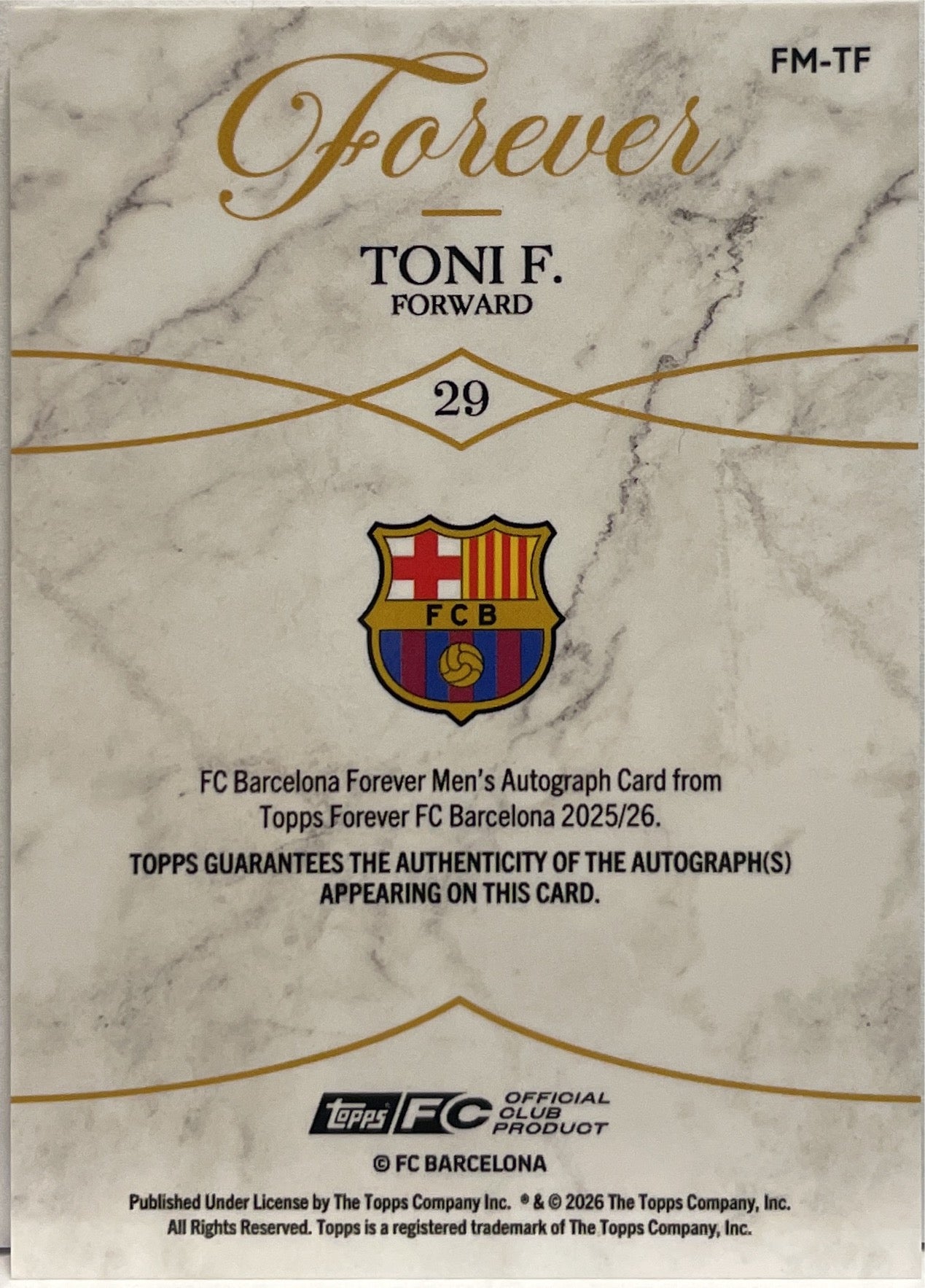 Toni Fernandez 50/50 Autograph Topps FC Barcelona Forever 2025/26