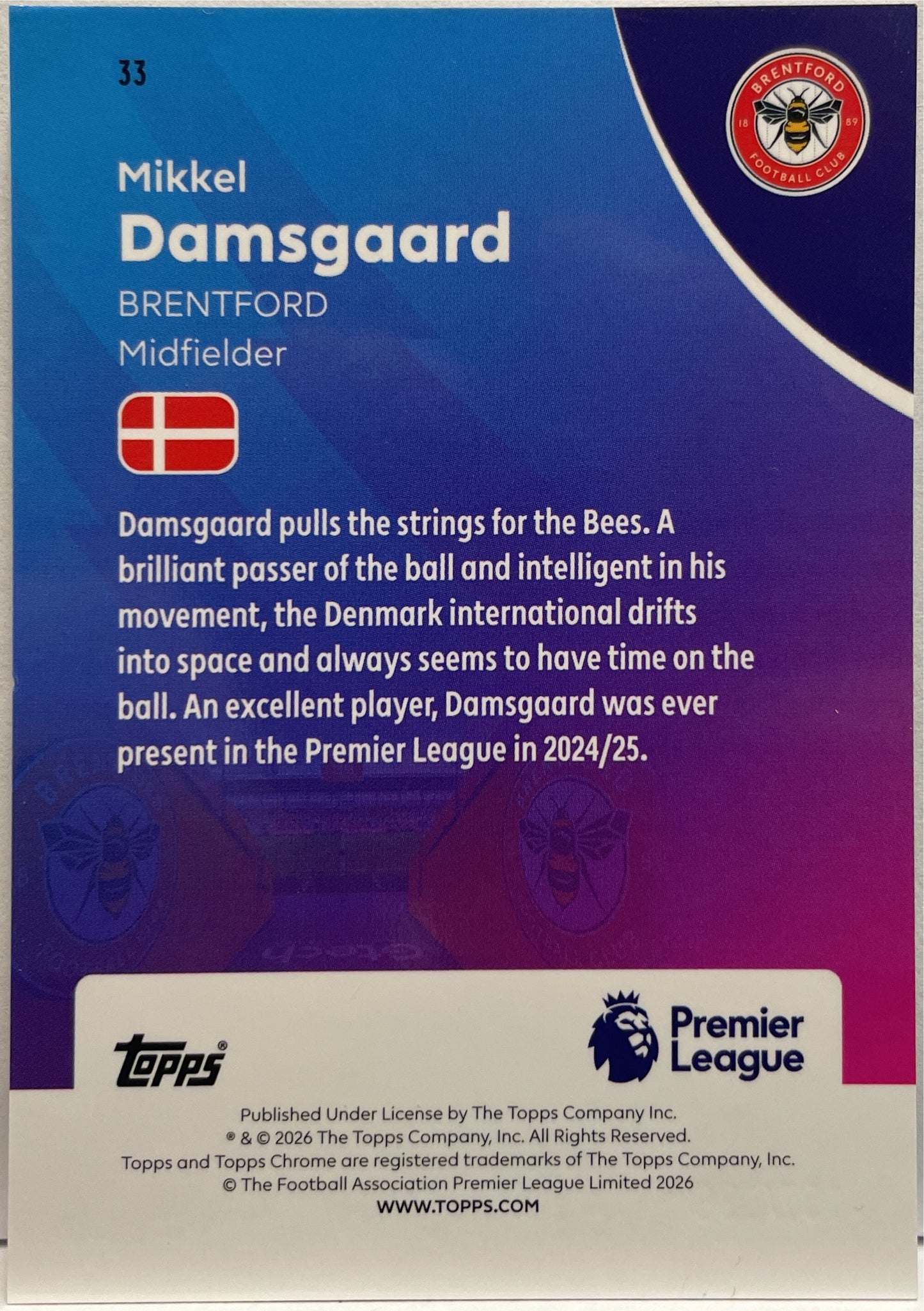 Mikkel Damsgaard 29/199 Aqua RayWave Topps Chrome Premier League EPL 2026