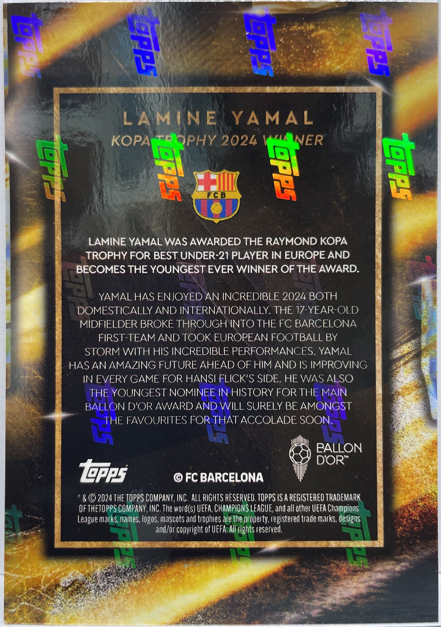 Lamine Yamal Rookie Kopa Trophy 2024 Winner Topps Now 2023/24