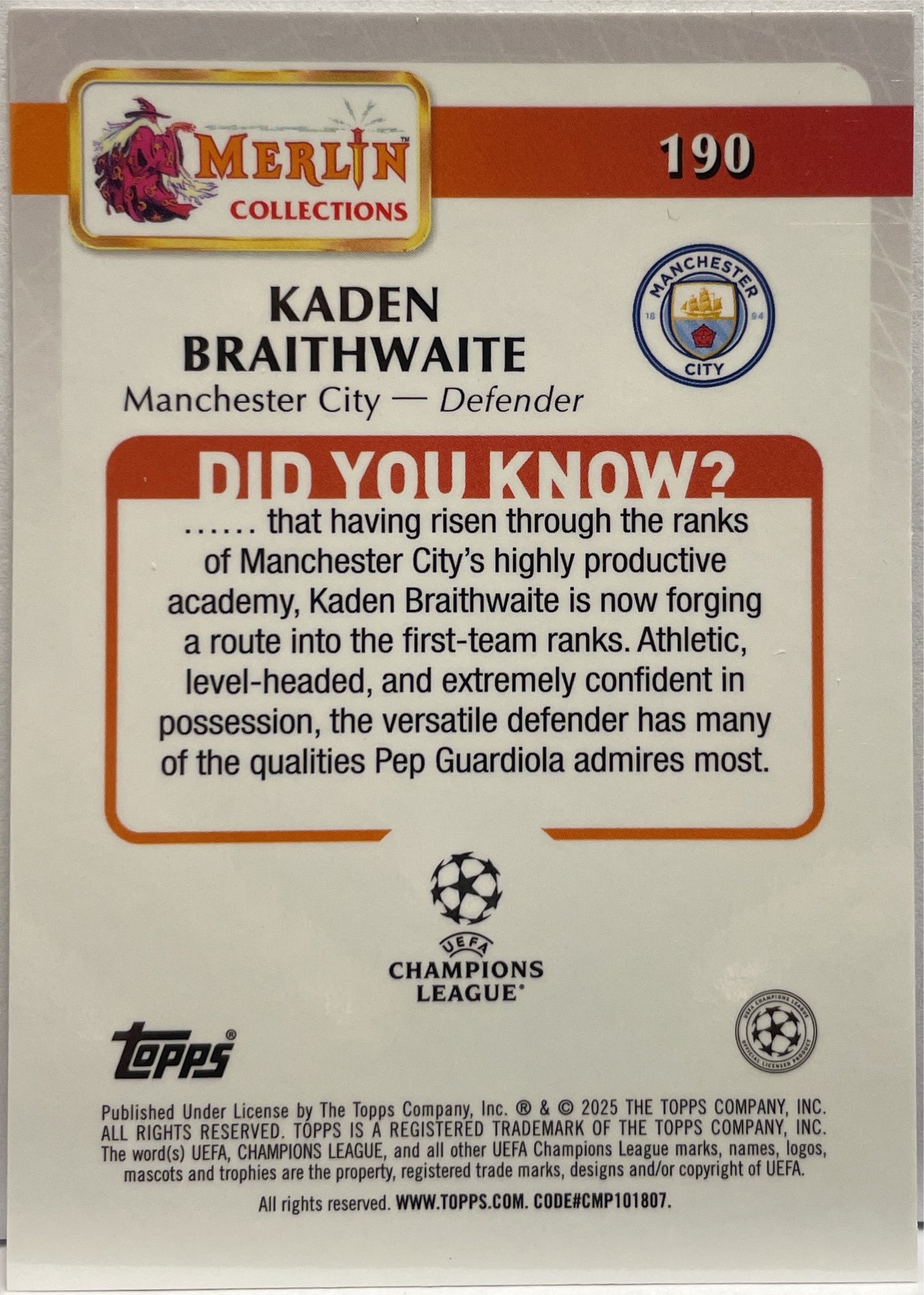 Kaden Braithwaite 192/199 Rookie Pink Atomic Topps Merlin UCC 2024/25