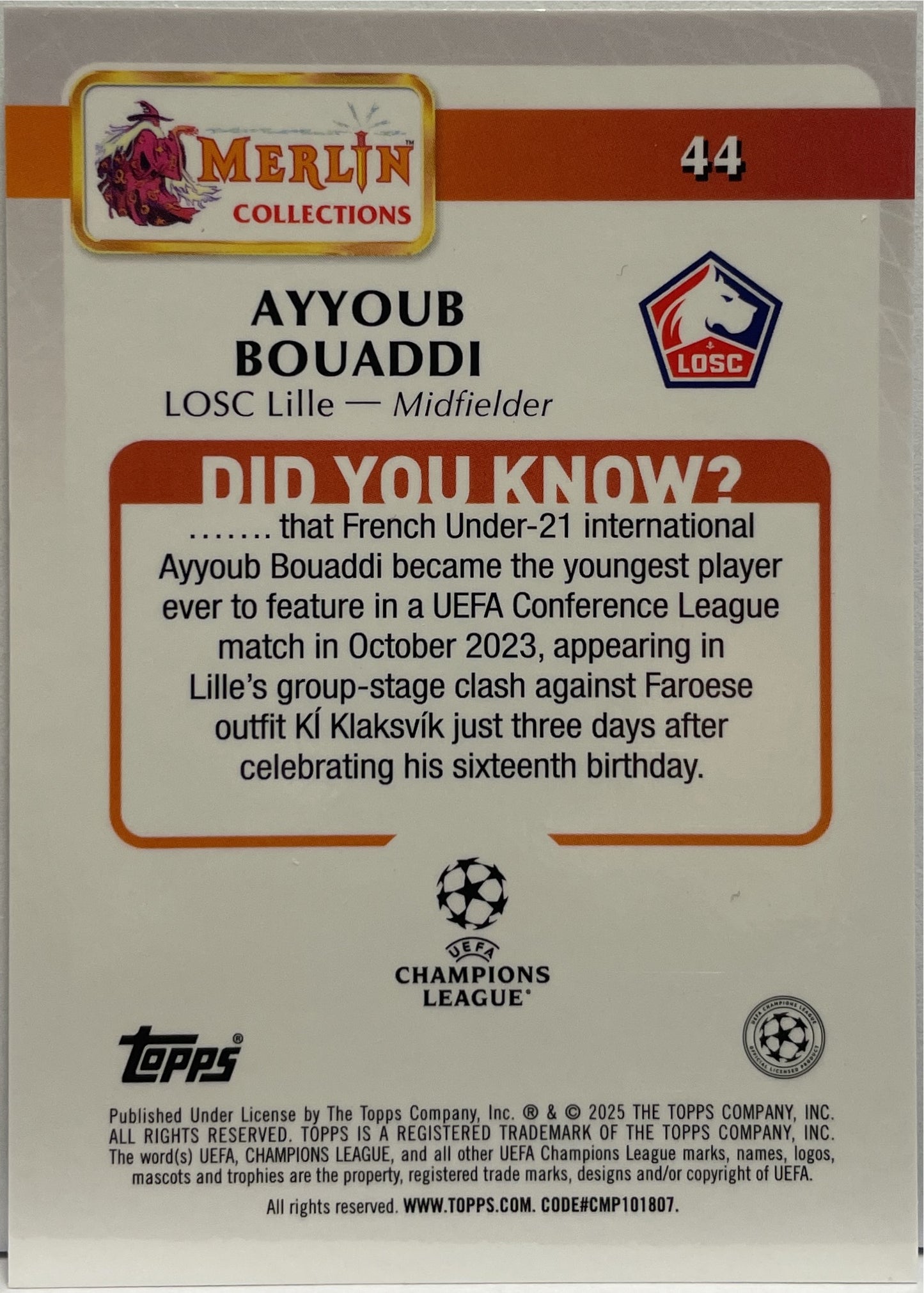 Ayyoub Bouaddi 47/75 Rookie Aqua Atomic Topps Merlin UCC 2024/25