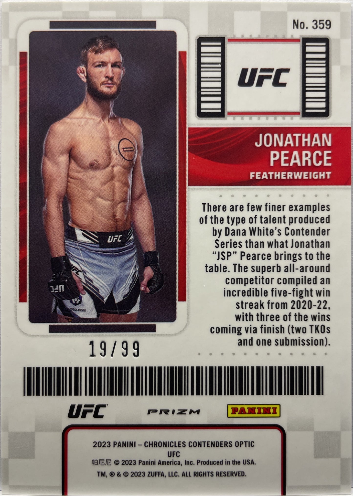 Jonathan Pearce 19/99 Rookie Season Ticket Optic Blue Chronicles UFC 2023