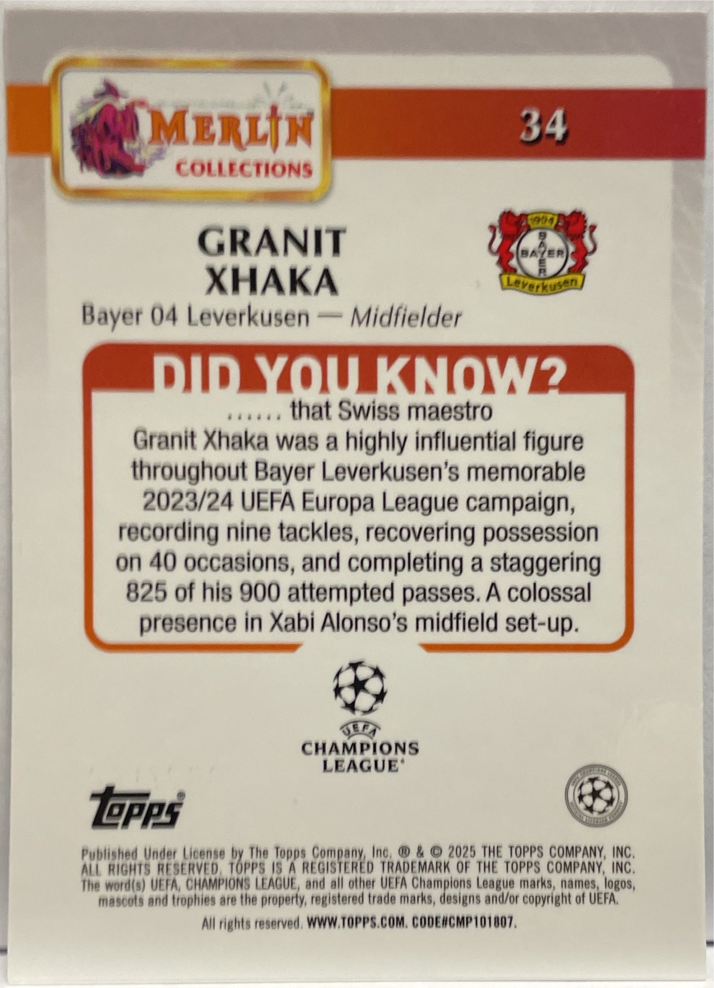 Granit Xhaka 20/150 Blue Topps Merlin UCC 2024/25