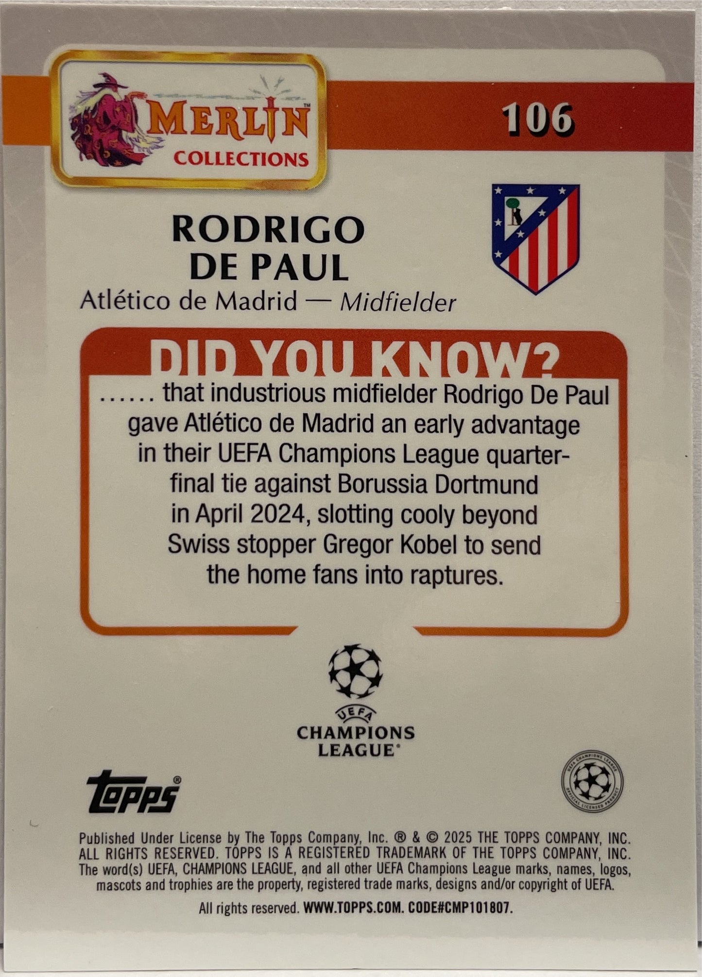 Rodrigo De Paul 93/125 Magenta Atomic Topps Merlin UCC 2024/25