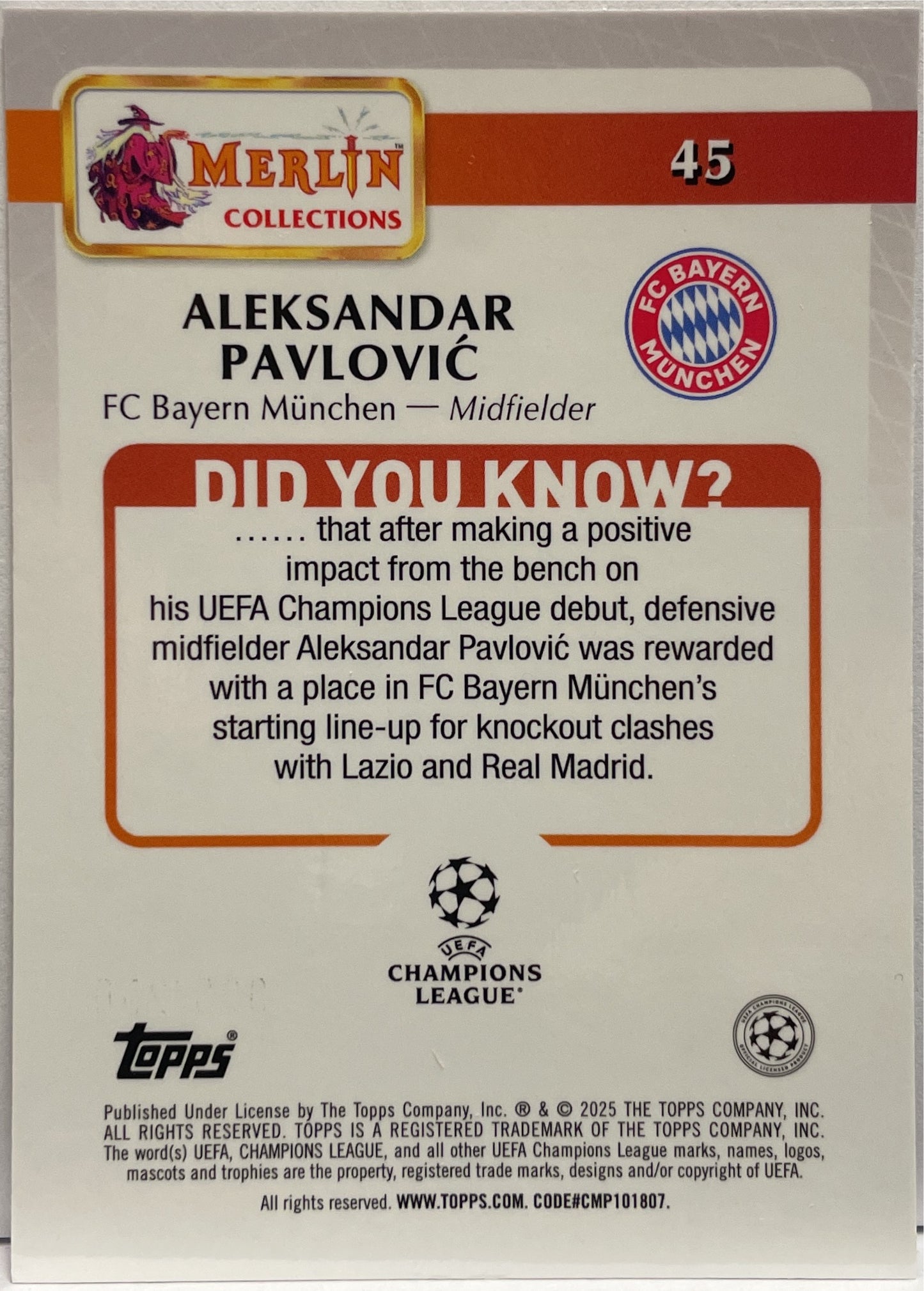 Aleksandar Pavlovic 4/250 Rose Gold Speckle Topps Merlin UCC 2024/25