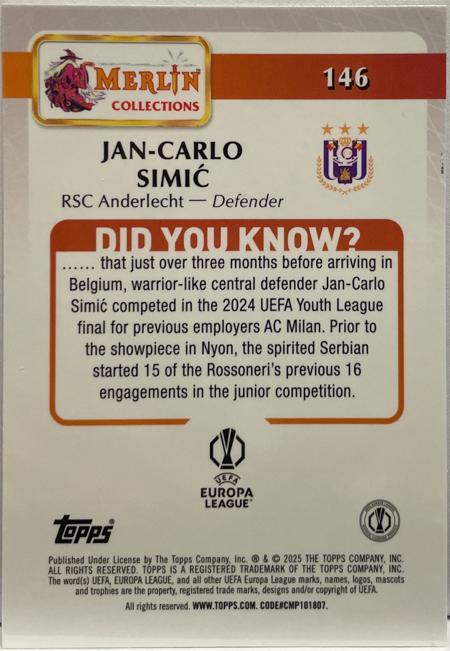 Jan Carlo Simic 44/250 Rose Gold Topps Merlin UCC 2024/25