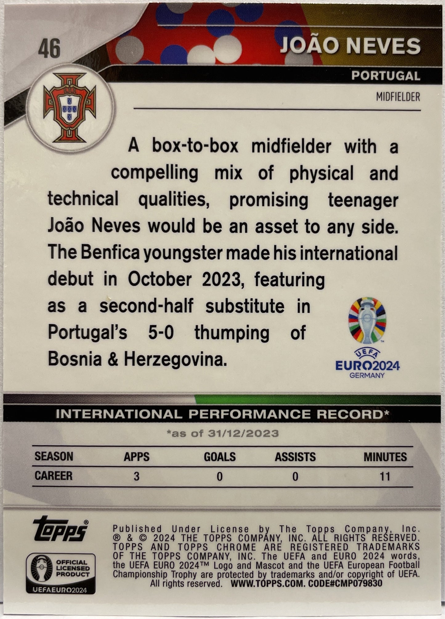 Joao Neves 68/125 National Debut Topps Chrome Uefa Euro 2024