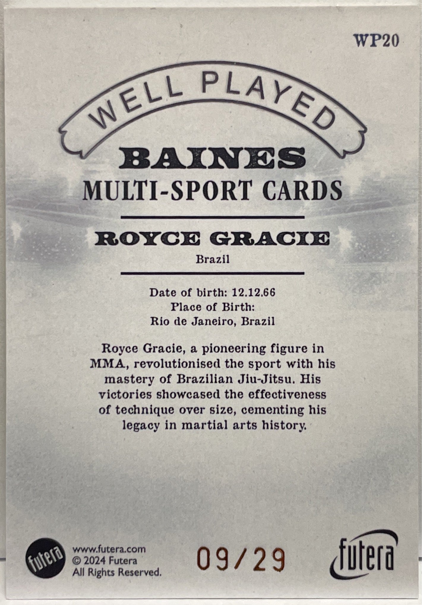 Royce Gracie 9/29 Well Played Futera Vintage Multi Sport 2024