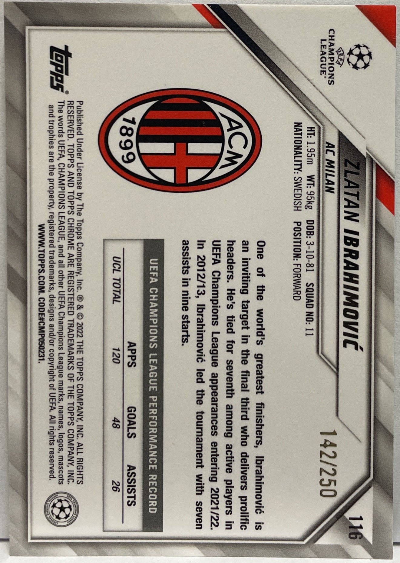 Zlatan Ibrahimovic 142/250 Purple Mini Diamond Topps Chrome UCL 2021/22