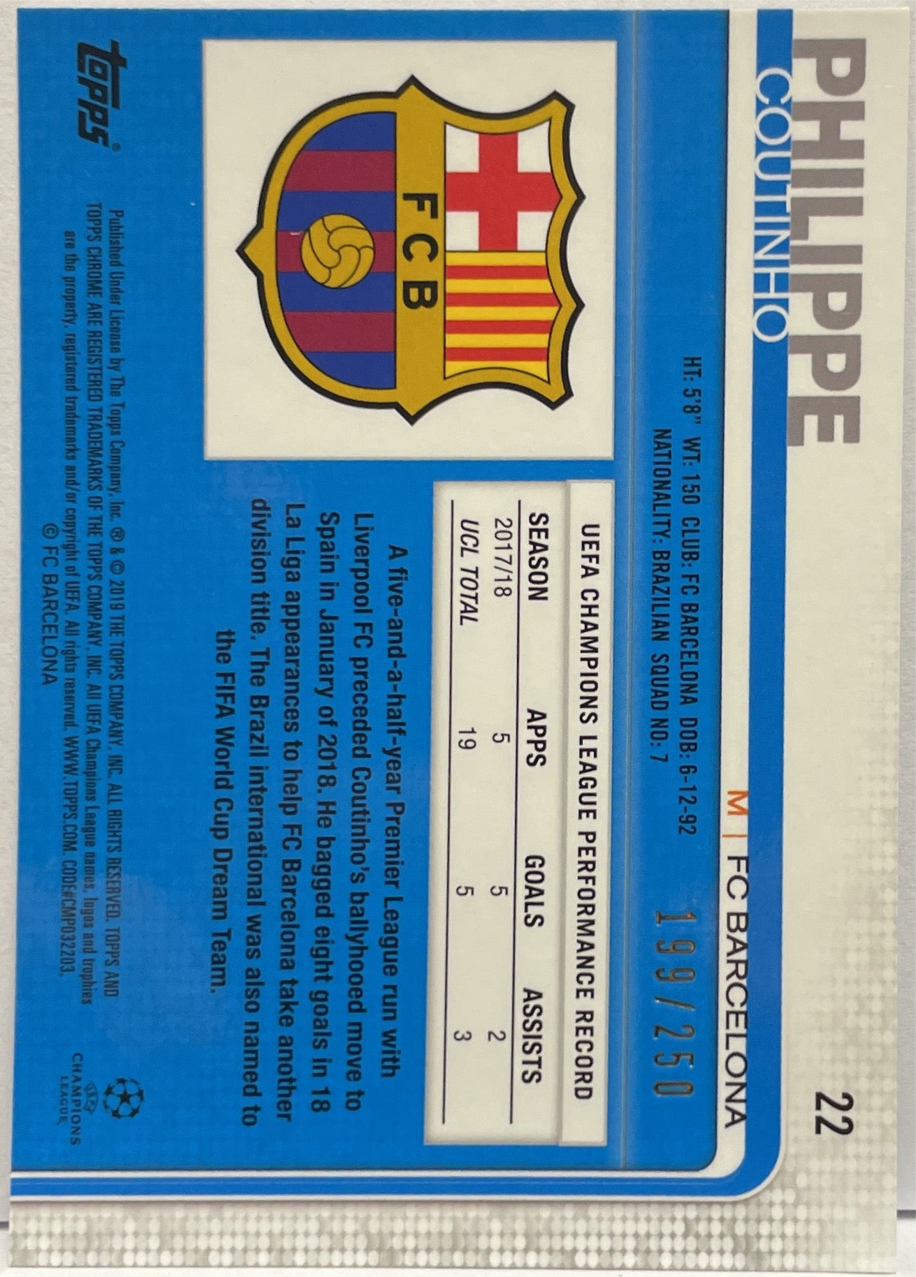 Philippe Coutinho 199/250 Purple Topps Chrome UCL 2018/19
