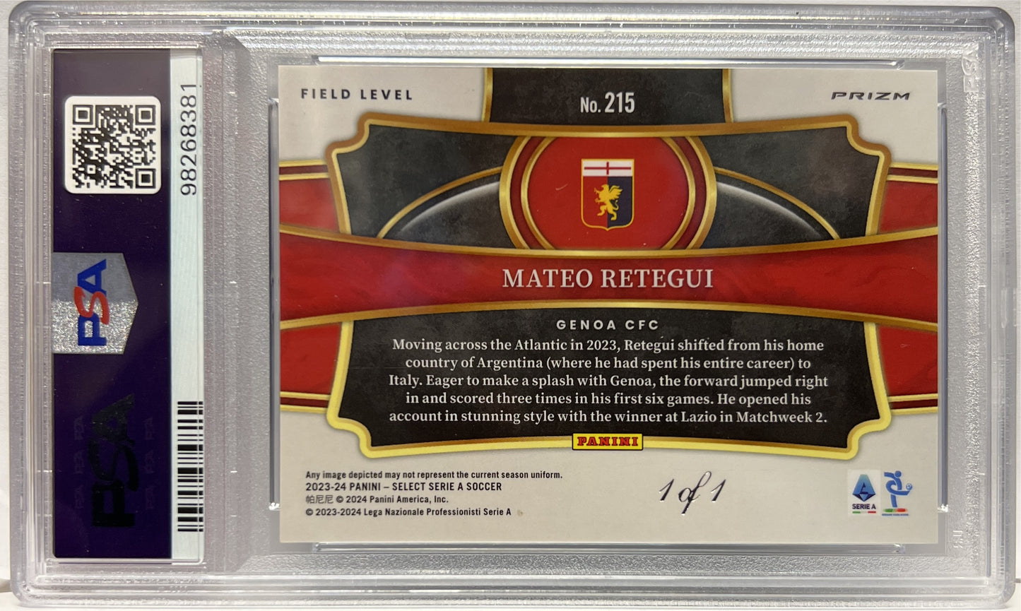 Mateo Retegui 1/1 One Of One Rookie Field Level Black Select Serie A 2023/24 PSA 10