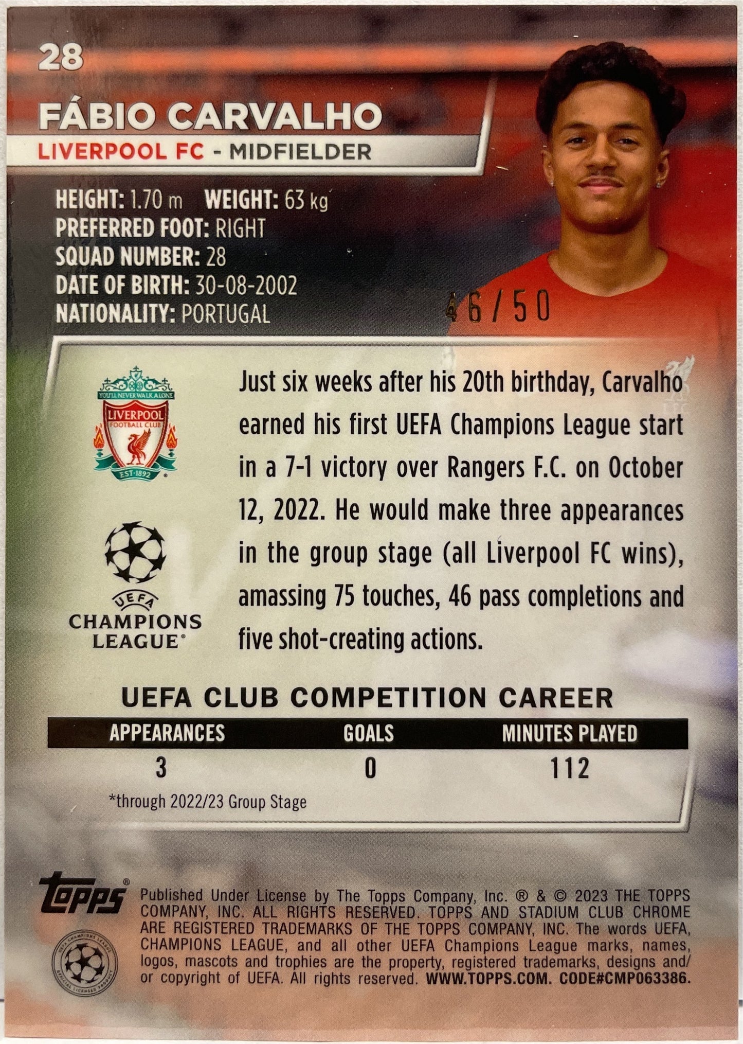 Fabio Carvalho 46/50 Rookie Gold Members Only Topps Stadium Chrome 2022/23