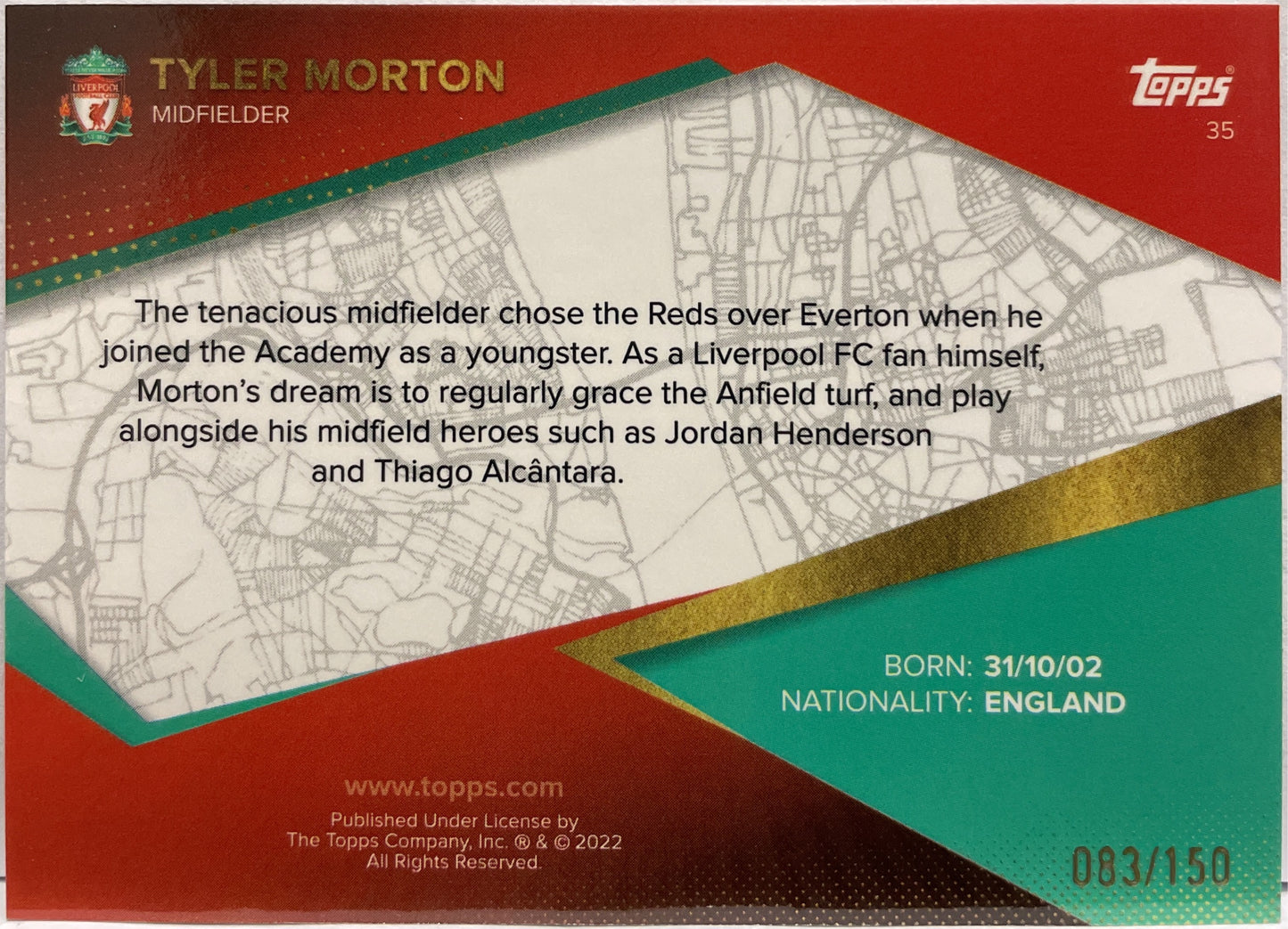 Tyler Morton 83/150 Rookie Topps Liverpool Team Set 2021/22