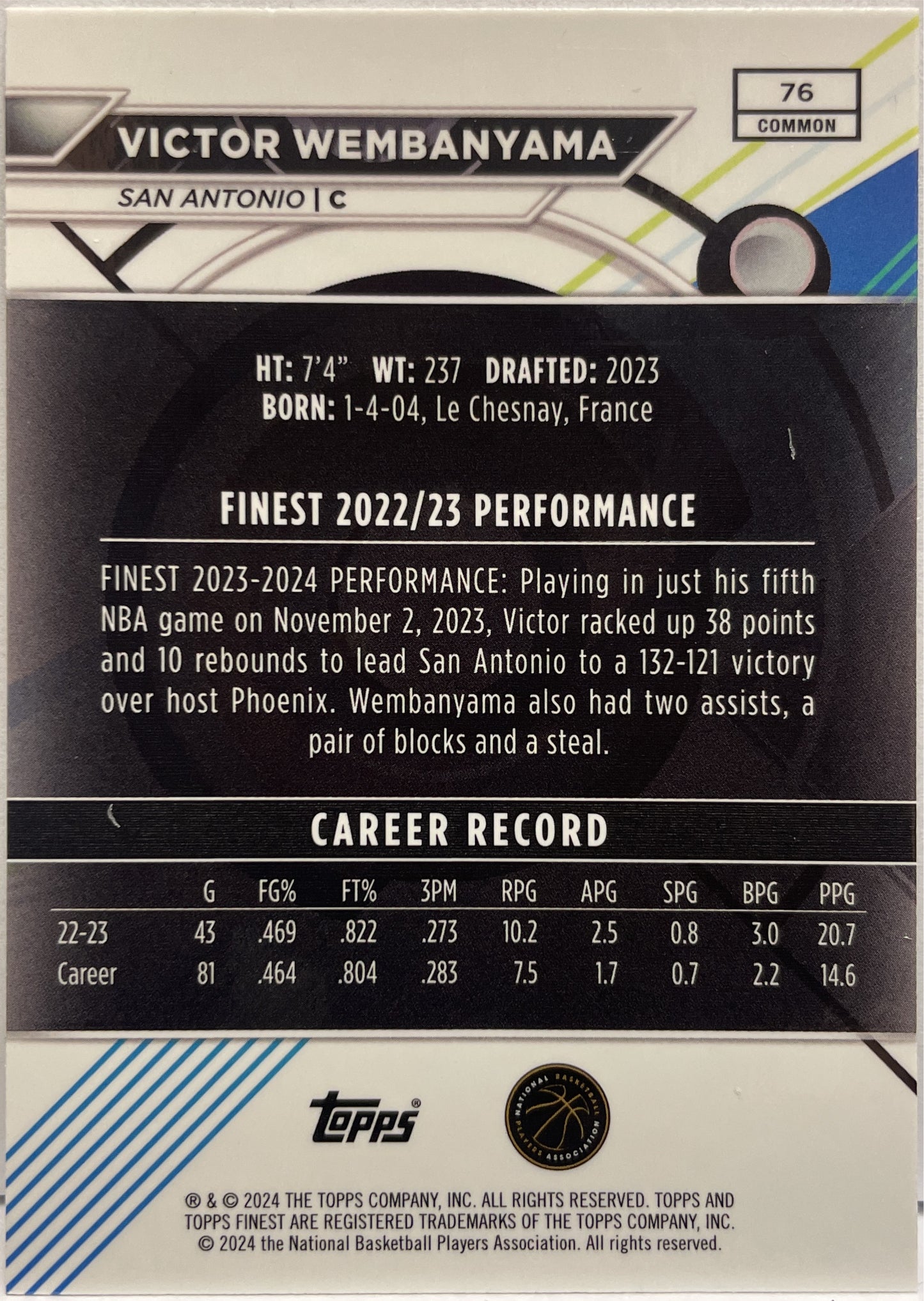 Victor Vembanyama Rookie Checkered x-Fractor Topps Finest NBA Basketball 2023/24