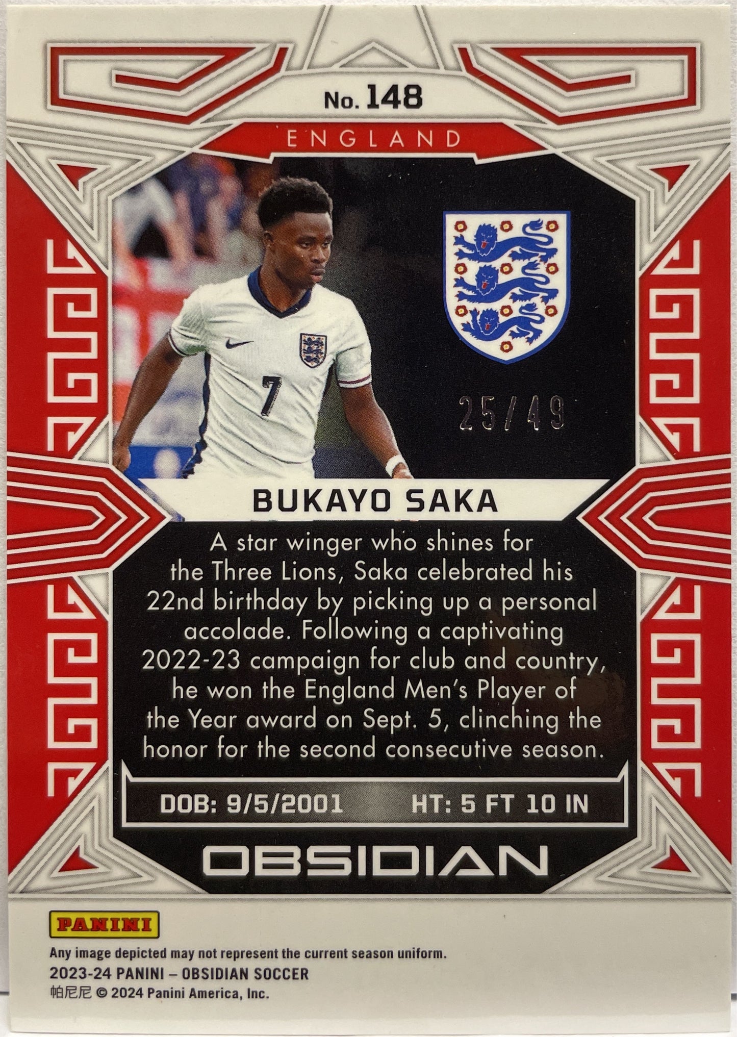 Bukayo Saka 25/49 Panini Obsidian 2023/24