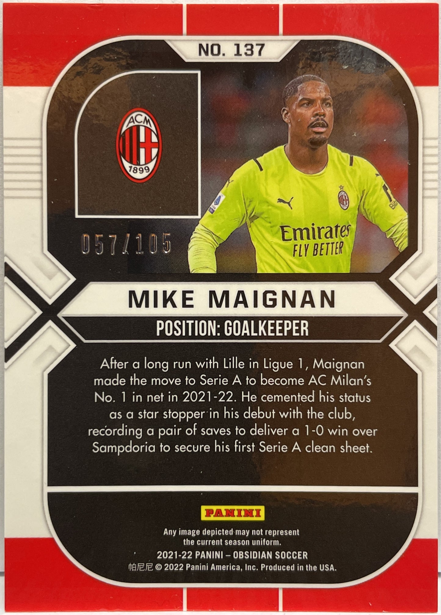 Mike Maignan 57/105 Rookie Panini Obsidian 2021/22