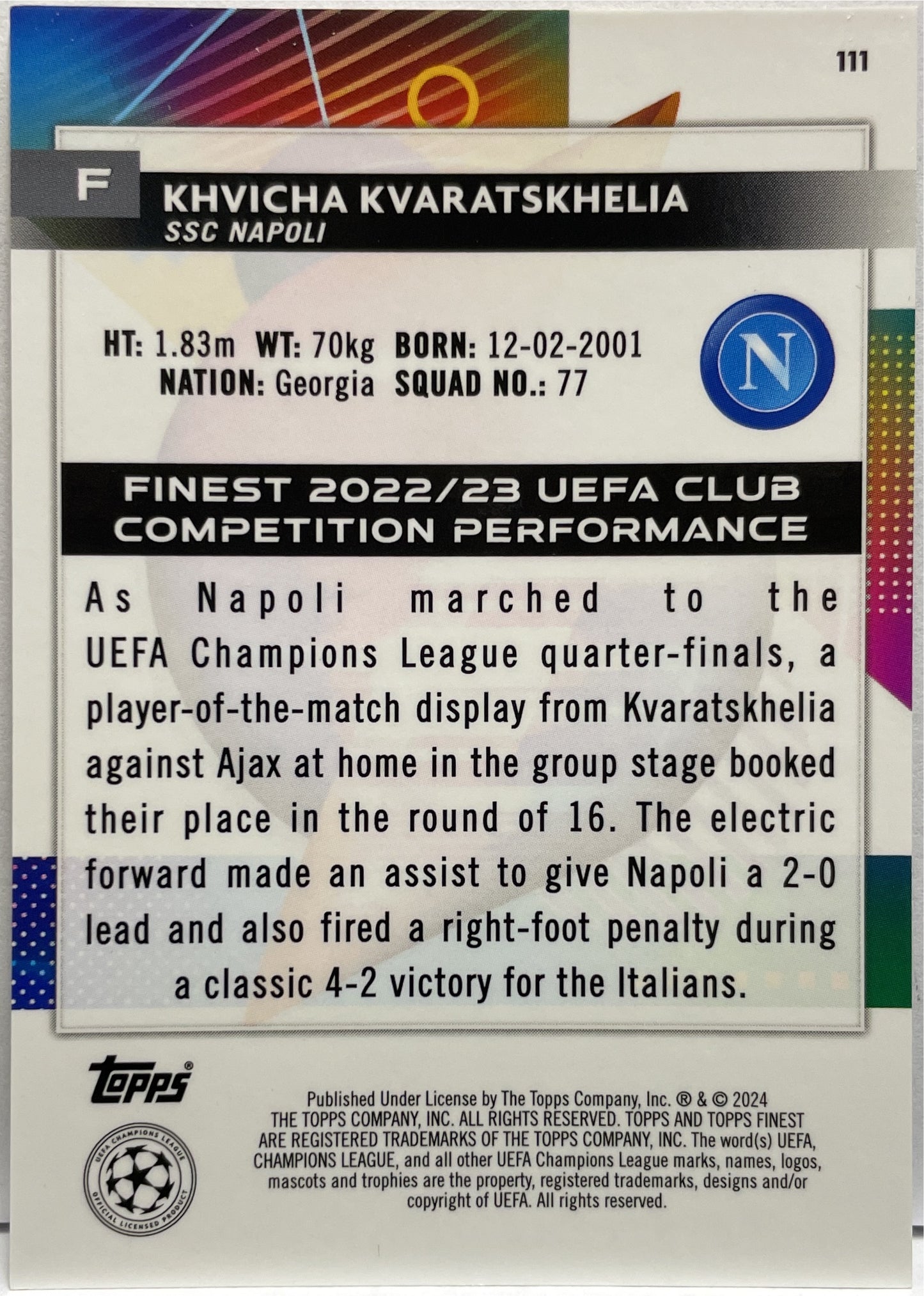 Khvicha Kvaratskhelia 6/299 Purple Topps Finest UCC 2023/24