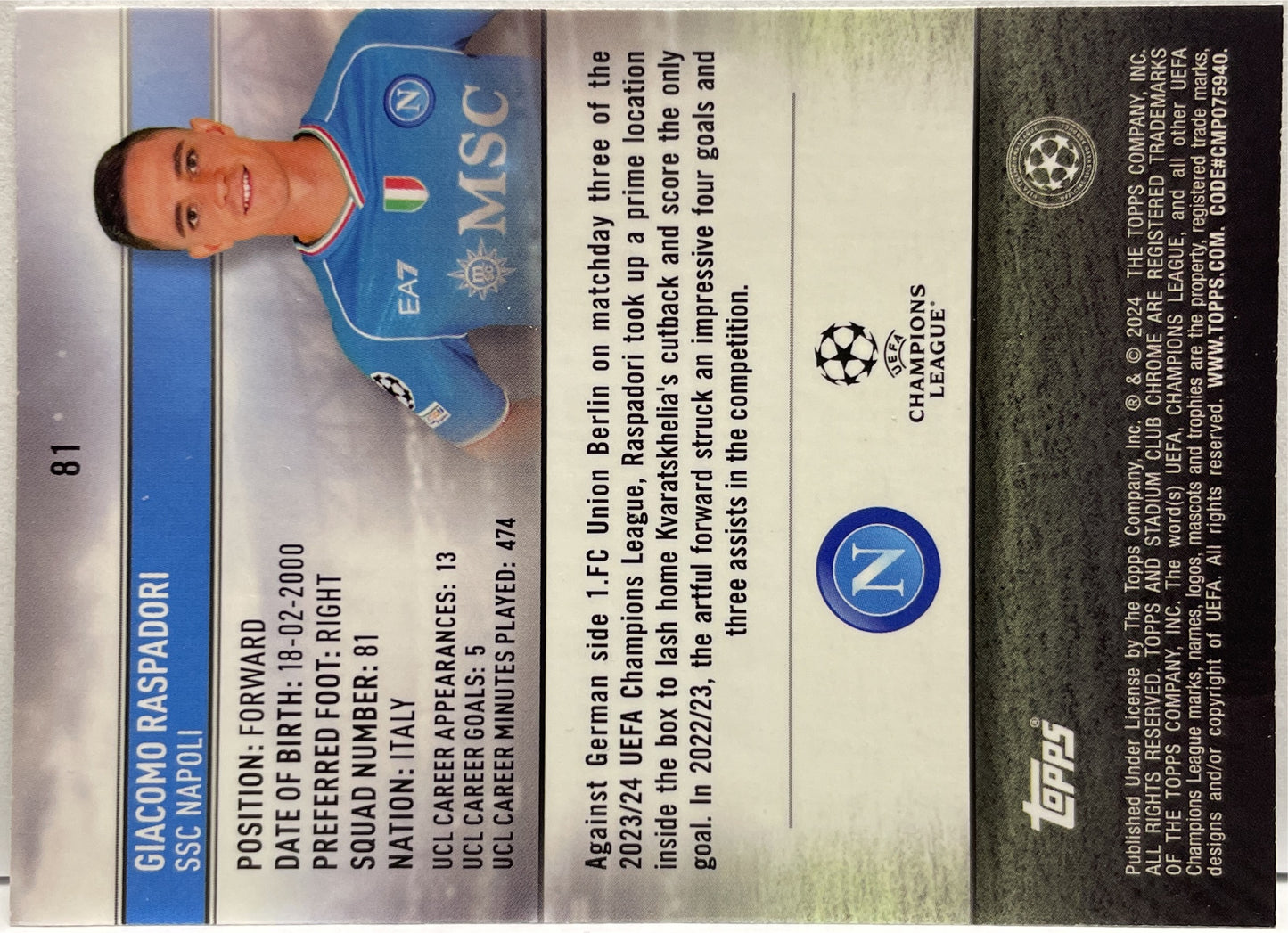 Giacomo Raspadori 87/175 Blue Topps Stadium Chrome 2023/24
