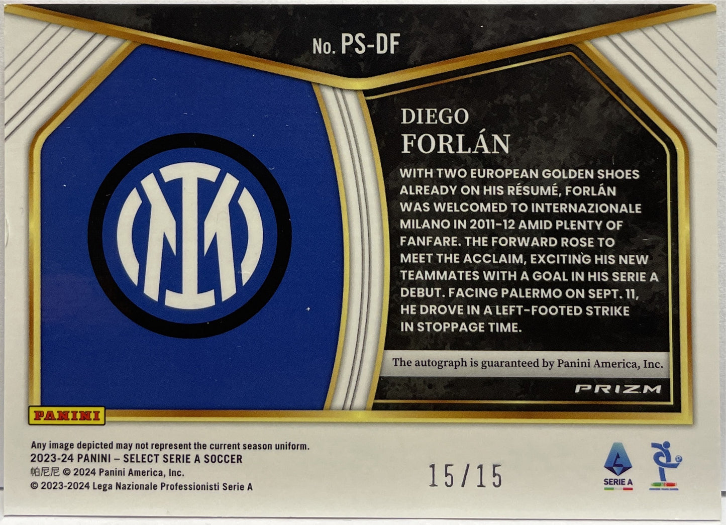 Diego Forlan 15/15 Autograph Pitchside Signatures Select Serie A 2023/24