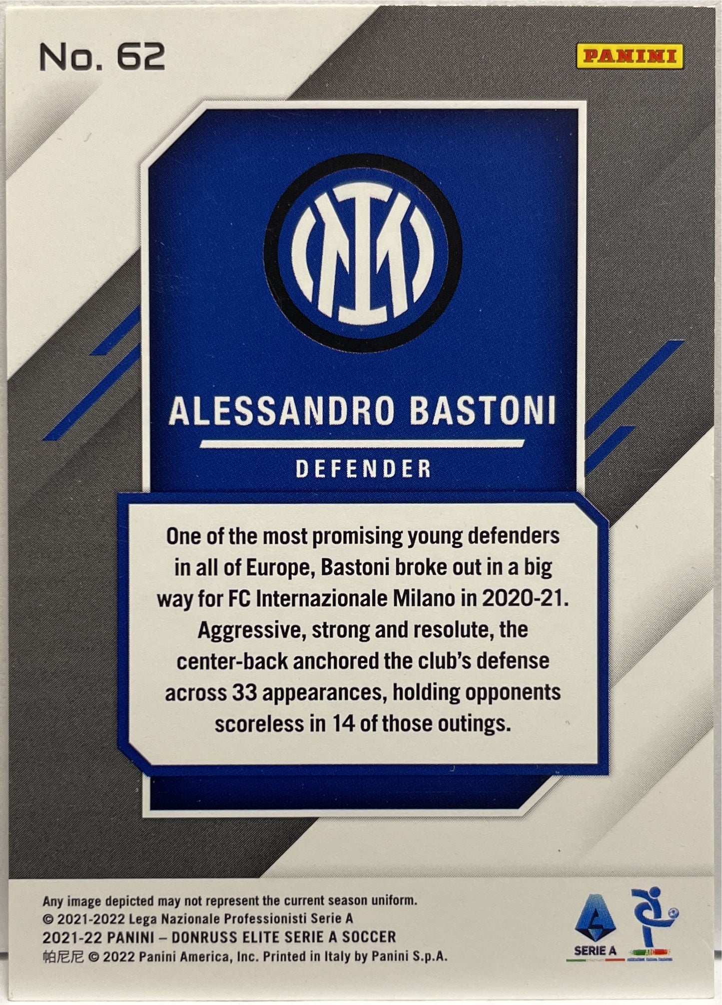 Alessandro Bastoni 34/75 Orange Panini Donruss Elite Serie A 2021/22