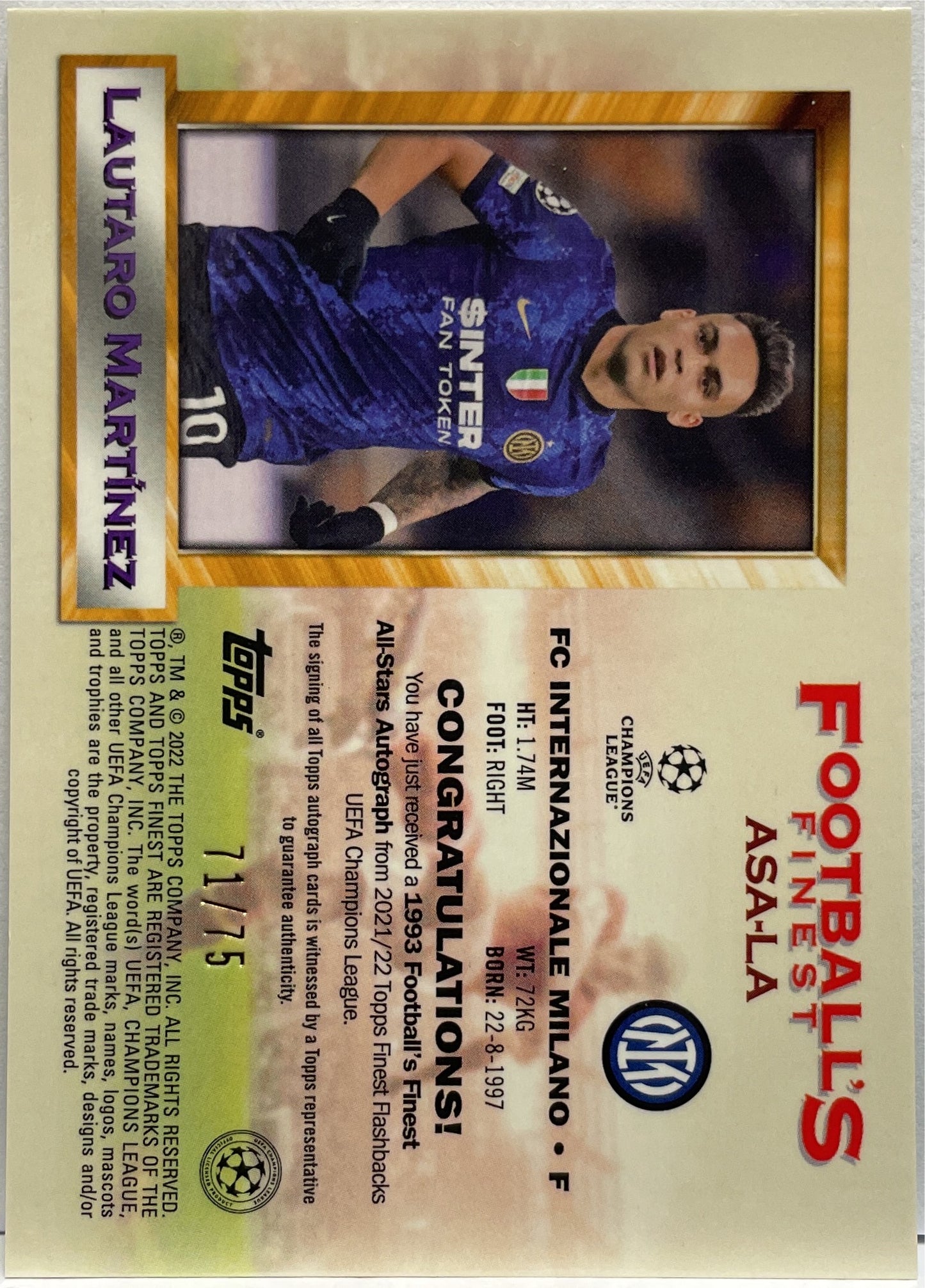 Lautaro Martinez 71/75 Autograph All Star Topps Finest Flashback 2021/22