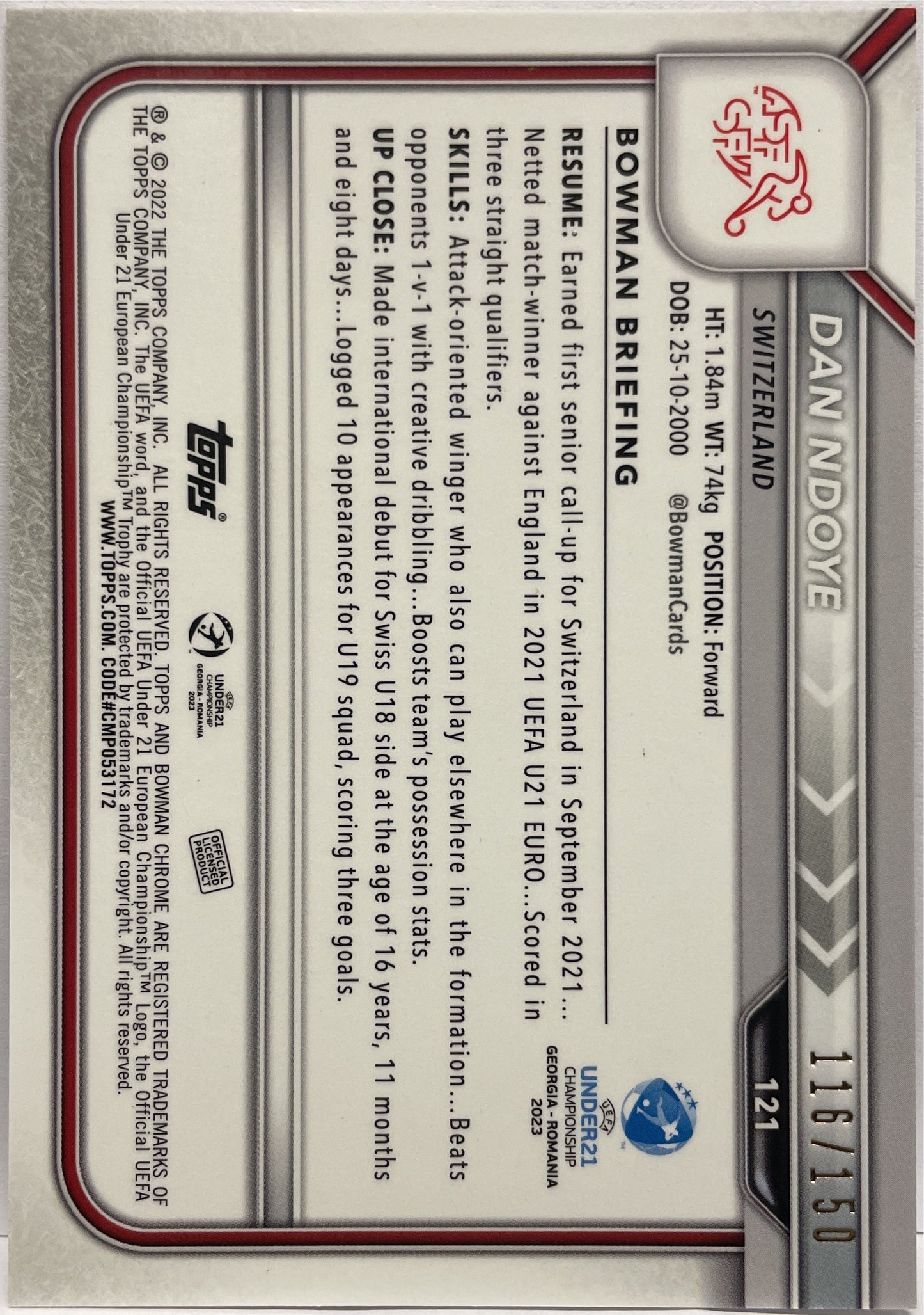 Dan Ndoye 116/150 1ST Bowman Pink Topps Uefa U21 2023