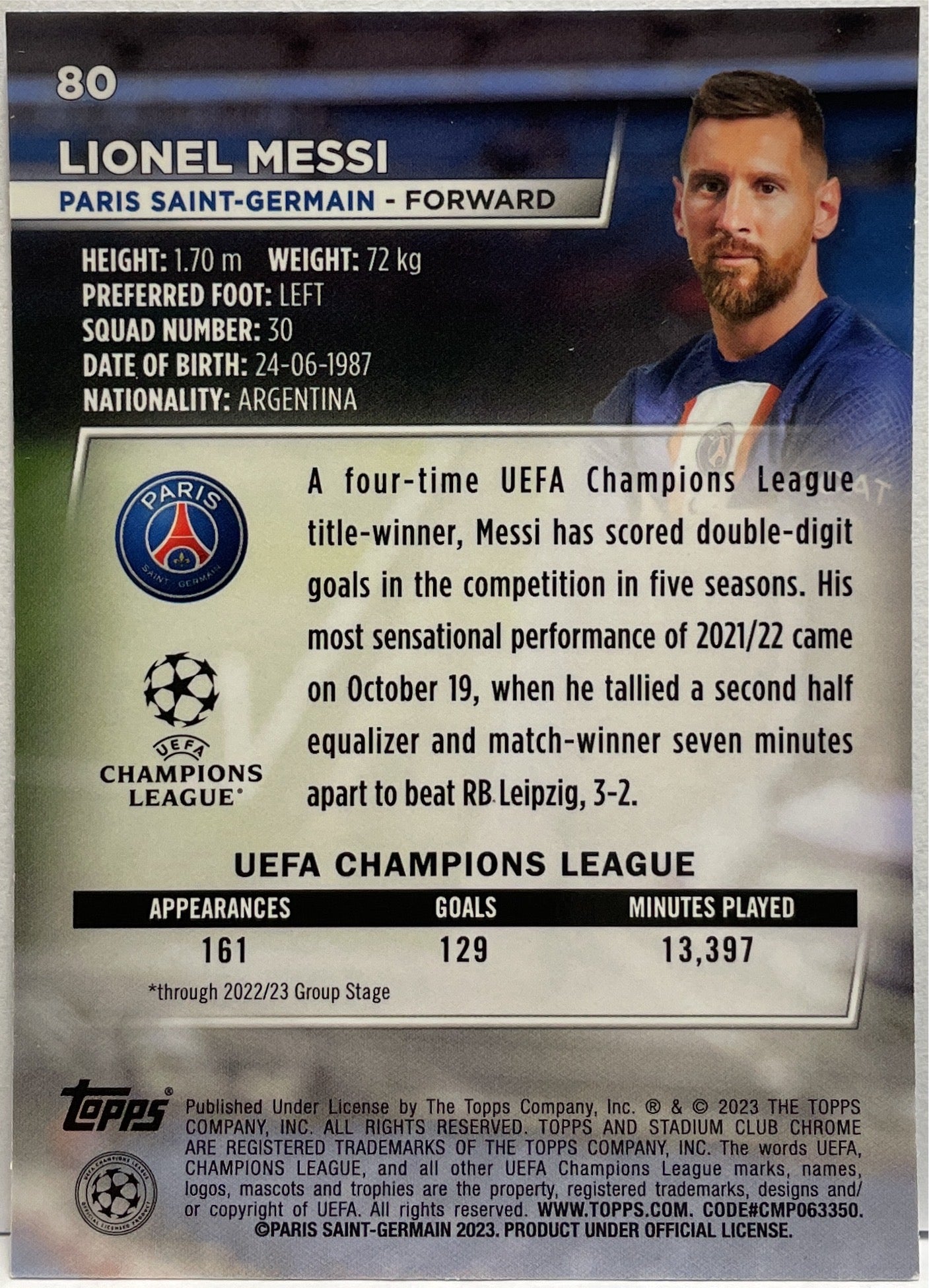 Lionel Messi Topps Stadium Chrome 2022/23