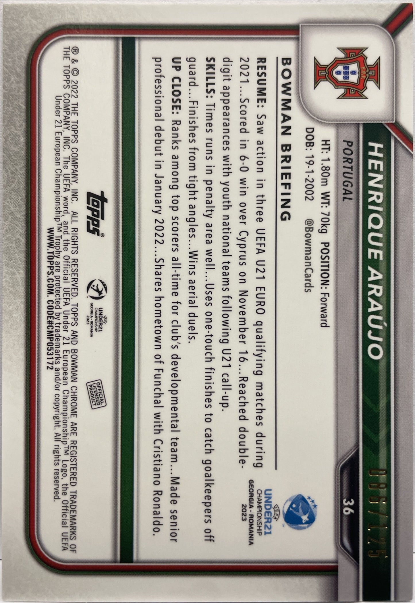 Henrique Araujo 86/125 1ST Bowman Topps Uefa U21 2023