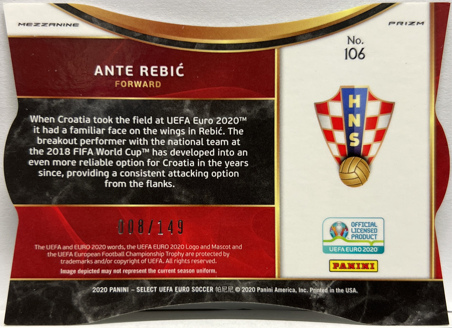 Ante Rebic 8/149 Mezzanine Neon Green Die Cut Prizm Select Uefa Euro 2020