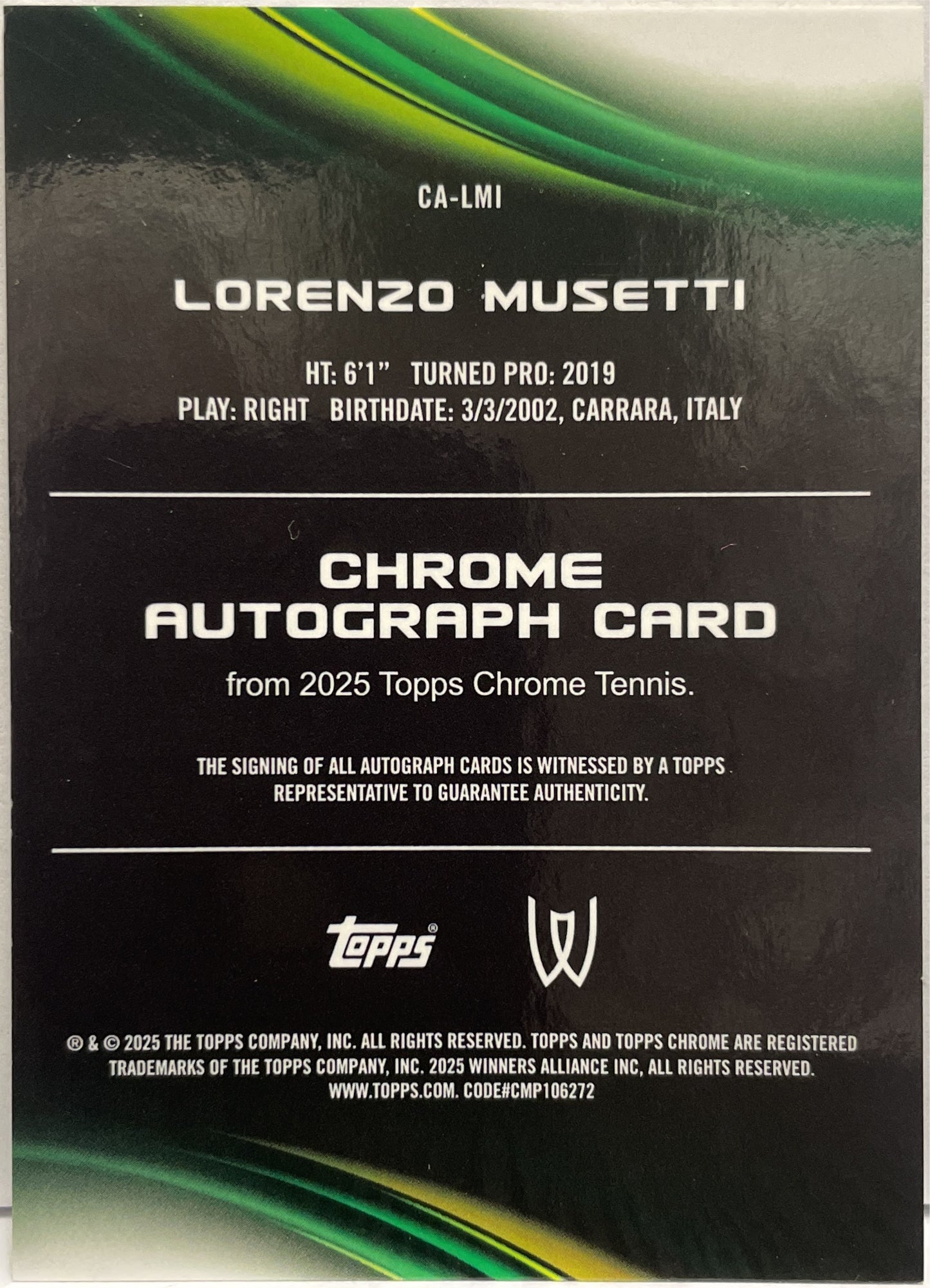 Lorenzo Musetti 140/150 Autograph Blue Topps Chrome Tennis 2025