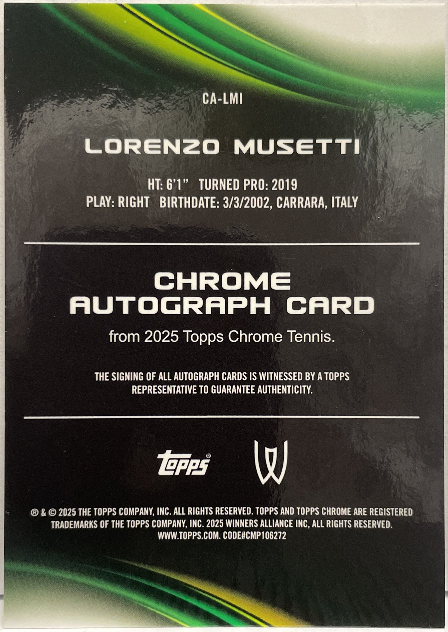 Lorenzo Musetti 104/150 Autograph Blue Topps Chrome Tennis 2025