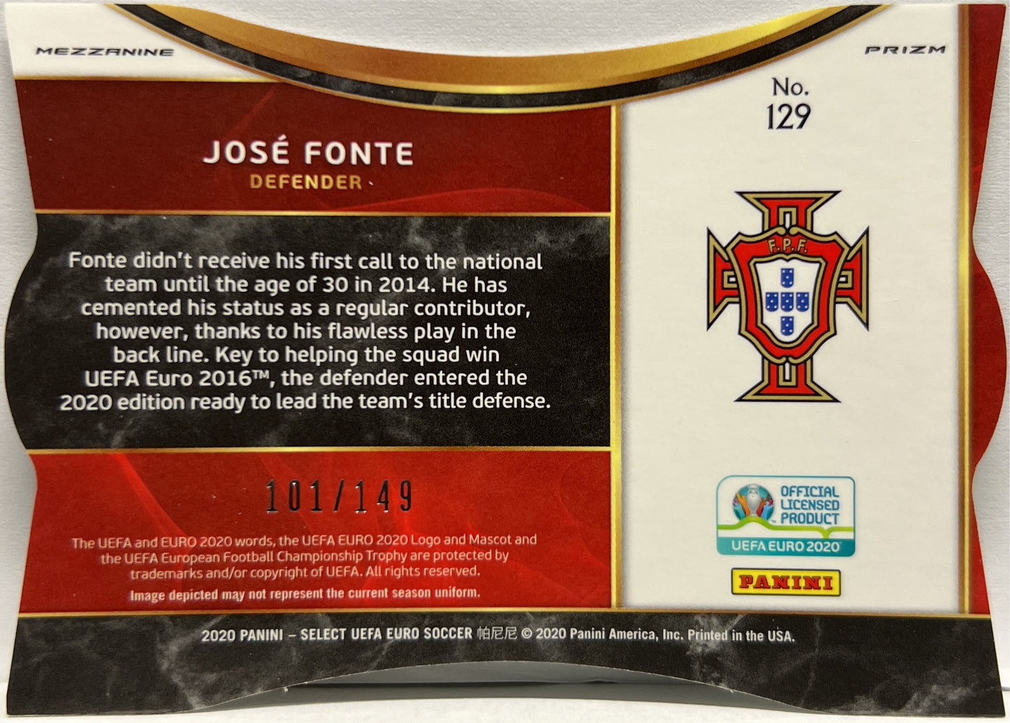 Jose Fonte 101/149 Mezzanine Neon Green Die Cut Prizm Select Uefa Euro 2020